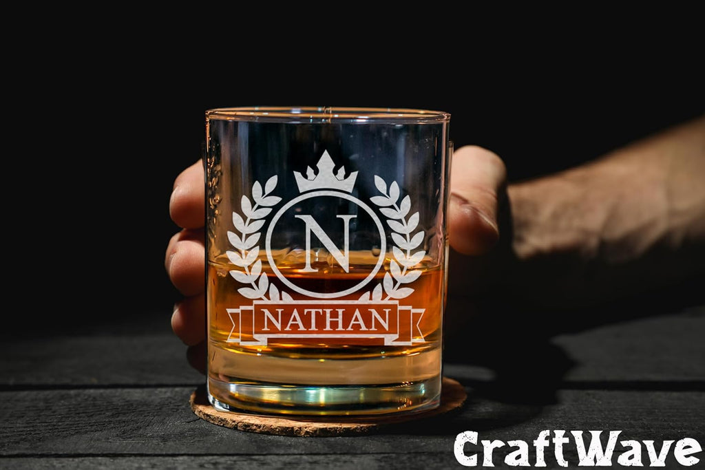 Personalized Whiskey Glass for Men, Custom Engraved Name & Initial Rocks Glasses, 11oz, Barware for Men, Father’s Day Gifts