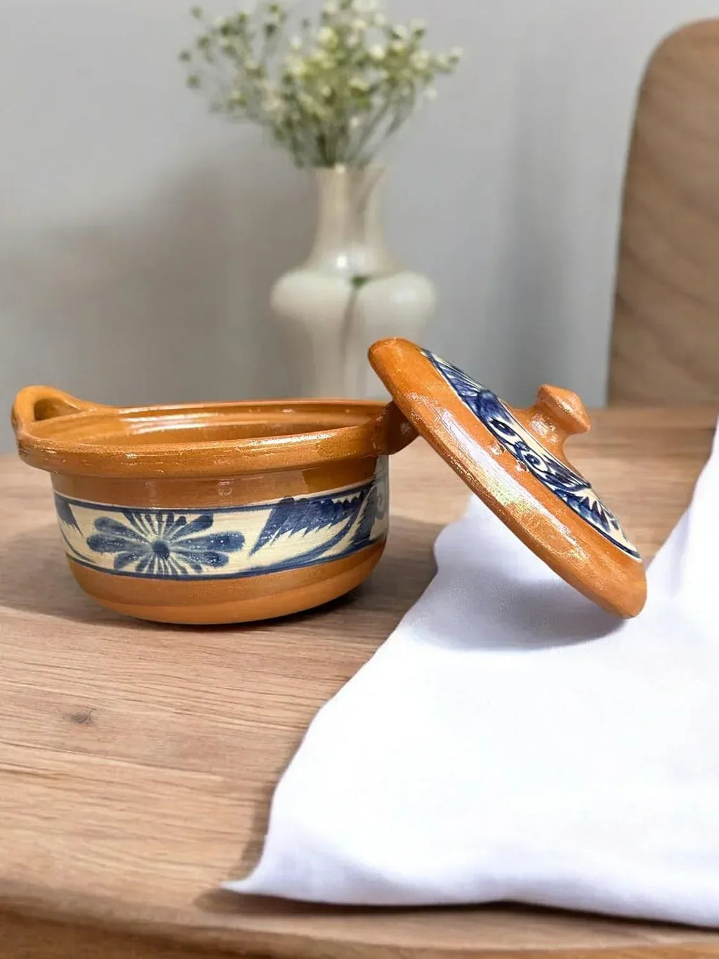 Traditional Mexican Barro Bean and Chili Pot – Handcrafted Clay Pot, 10 Inches Wide, Stovetop & Oven Safe, with Blue Accents – Perfect for Cooking and Serving - Handmade Lifestyle Shop