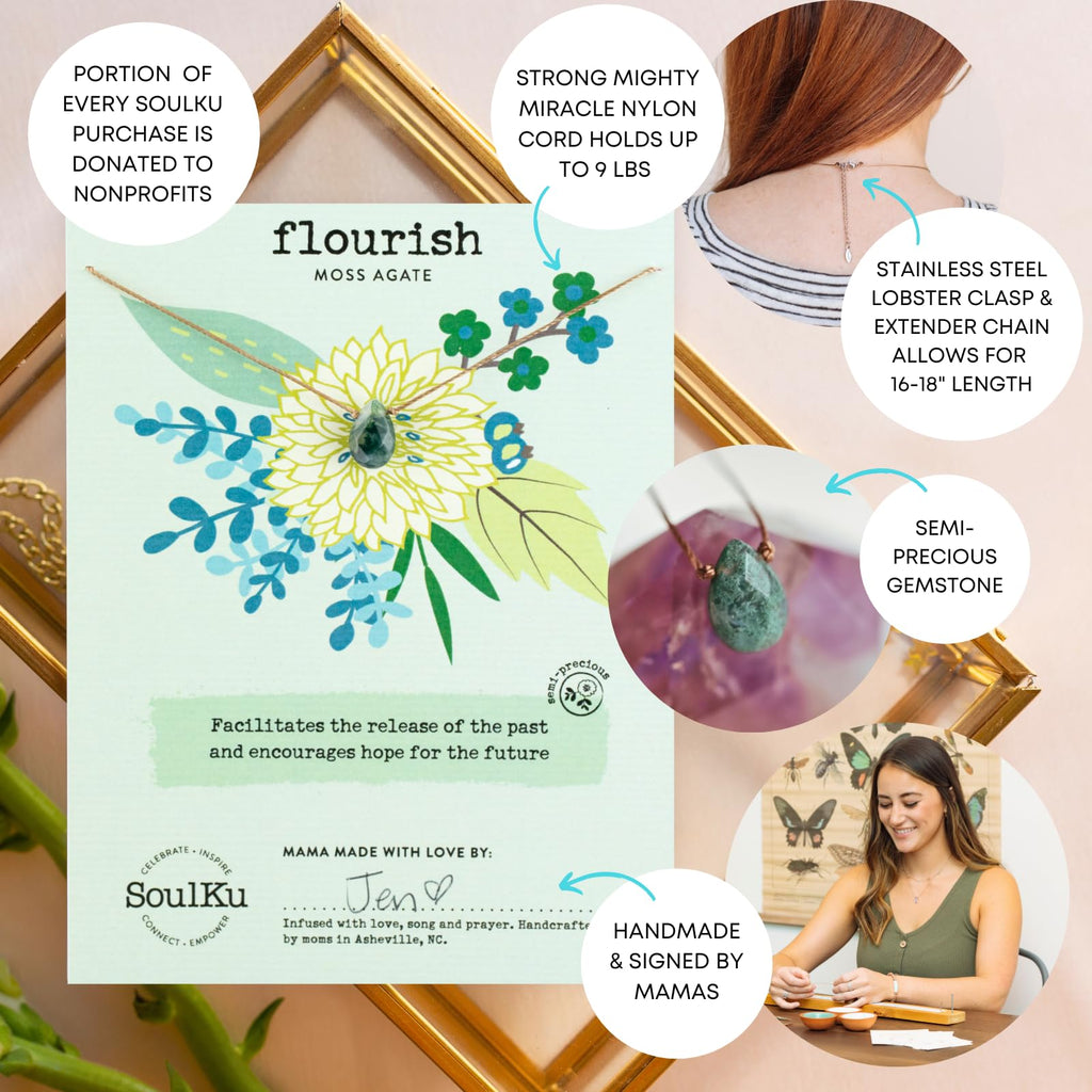 SoulKu Handcrafted Necklace, Empowerment Jewelry With Healing Crystal, Inspirational Jewelry For Women, Mom & Sister Gifts, 2" Extender With Lobster Clasp, 16" Nylon Cord