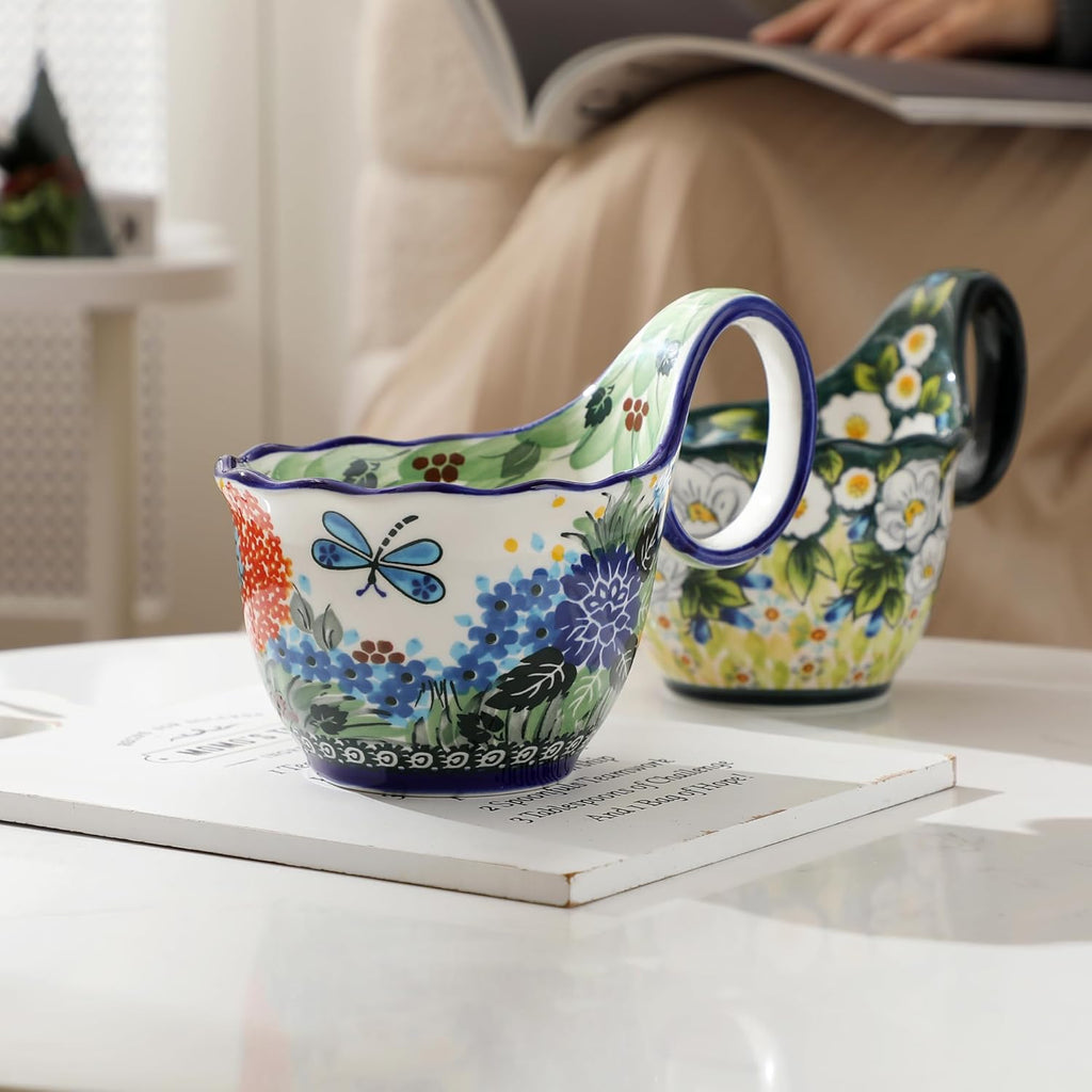 ALMA Handpainted Soup Bowl with Handle, 18.6oz Ceramic Cereal Bowl, Microwave &Dishwasher Safe,Loop Handle Bowl Great for Soup, Chili, Stew, Ice cream