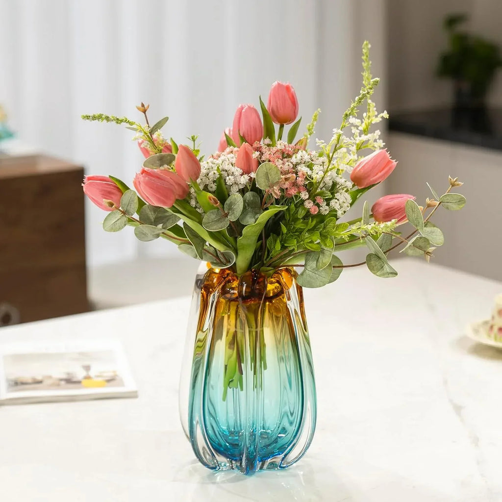 Hand Blown Glass Flower vases, Unique Glass vases, Wide Mouth vases, Small Modern Art Deco Glass vases for Home Living Room, Office, Table centerpieces, Bookshelves and Wedding Decorations - Handmade Lifestyle Shop