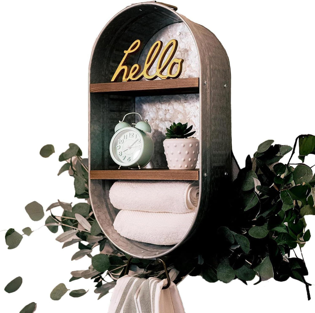 Galvanized Wash Tub with Shelves | Rustic Bathroom Décor | Farmhouse Rustic Bathroom Shelves | Metal Wash Tub Cubby | Galvanized Shelf Wall - Handmade Lifestyle Shop