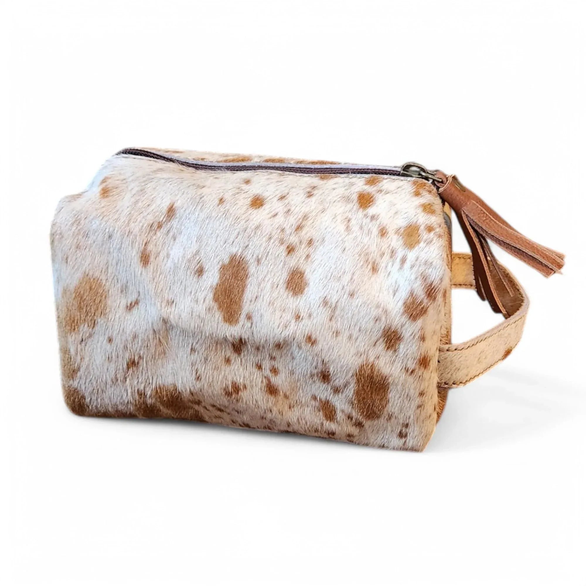 Ranch Junkie Mercantile Genuine Cowhide Handcrafted Cosmetic Pouch Highlands Cowhide Makeup Bag (Caramel Cowhide Mix) - Handmade Lifestyle Shop