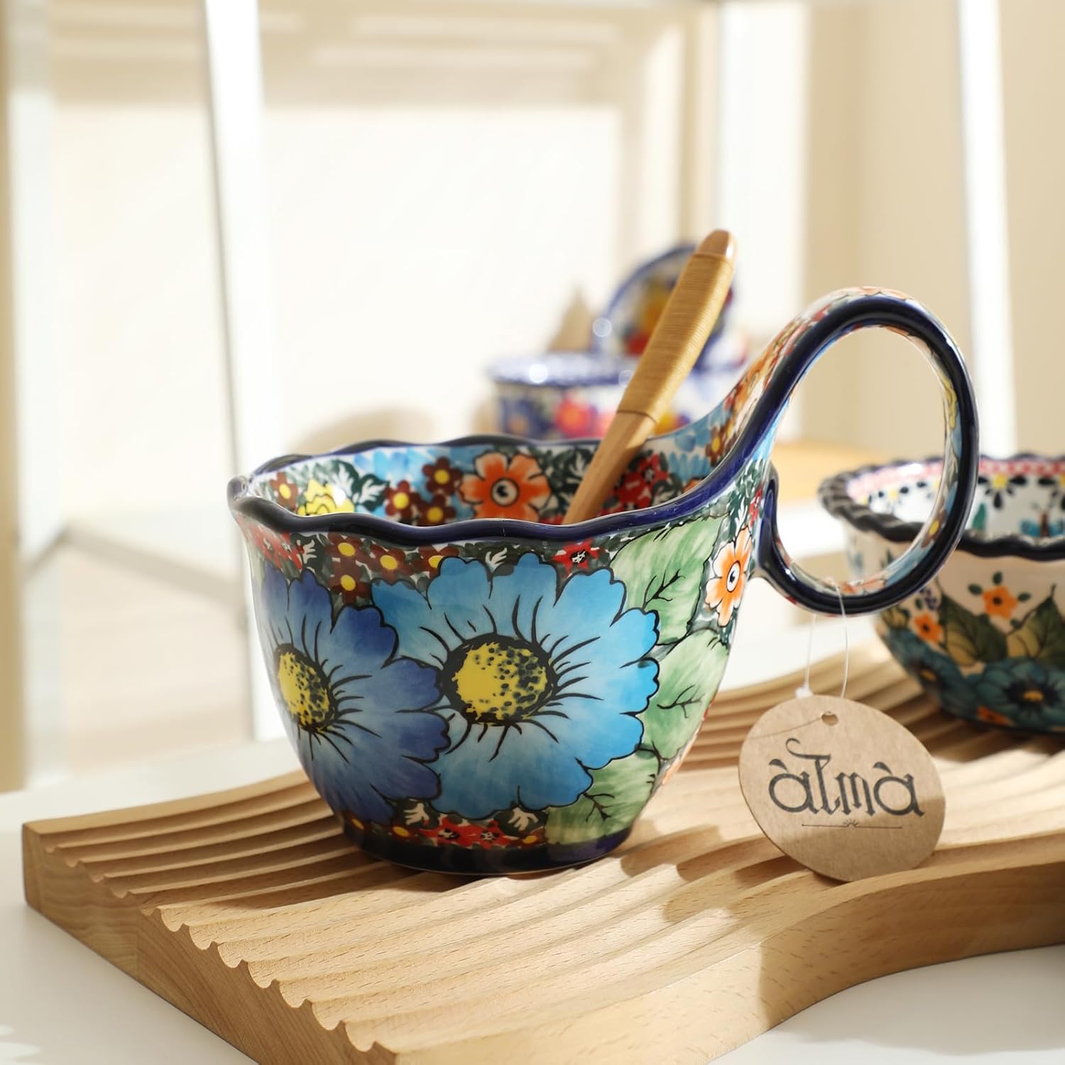 ALMA Handpainted Soup Bowl with Handle, 18.6oz Ceramic Cereal Bowl, Microwave &Dishwasher Safe,Loop Handle Bowl Great for Soup, Chili, Stew, Ice cream