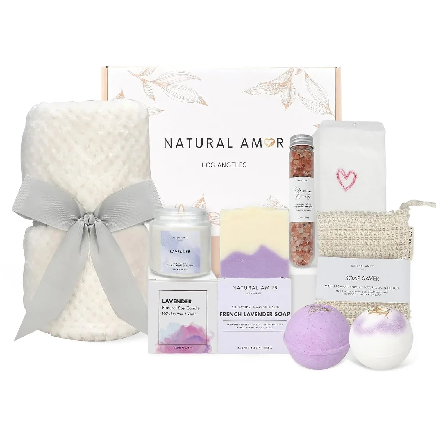 Natural Amor Handmade Spa Gift Set 6 pcs– Includes Citrus Bath Bomb, Lavender Hand Cream, Soap, Bath Salt, Candle – Relaxing Self-Care Kit for Women - Handmade Lifestyle Shop