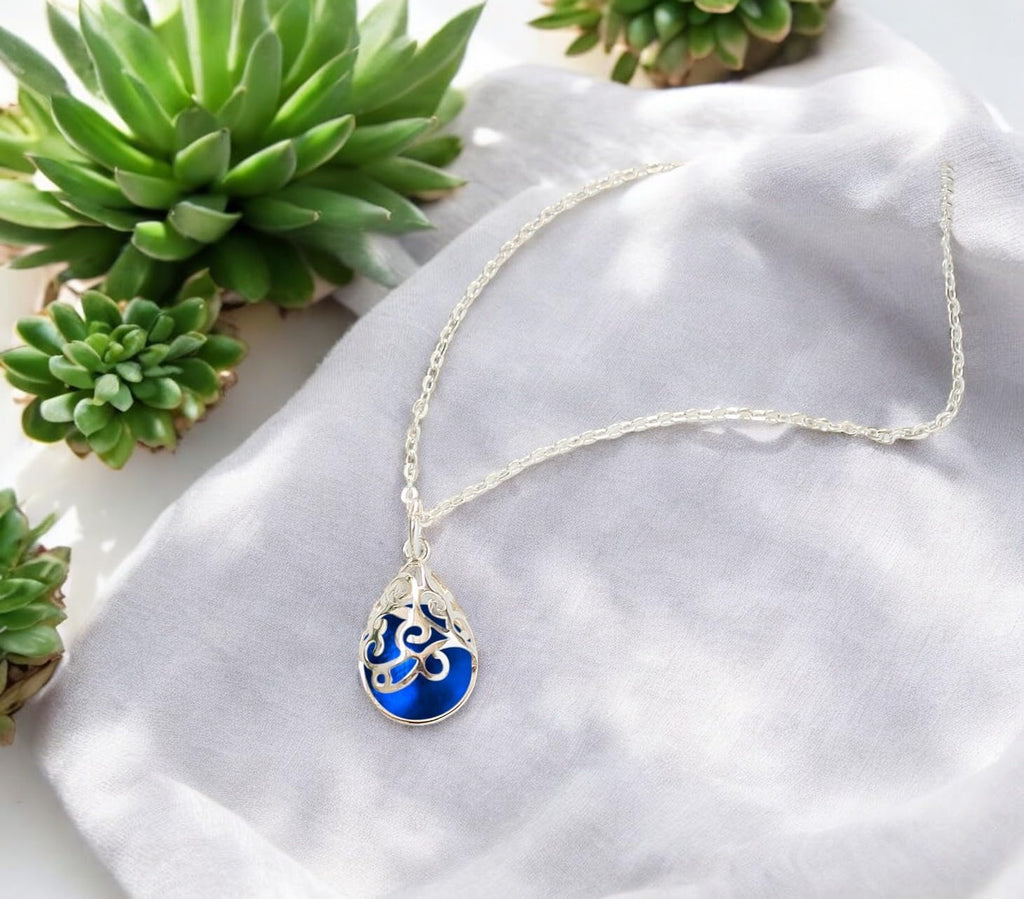 Bottled Up Designs Handmade Filigree Teardrop Necklace, Recycled Antique Glass, Sterling Silver, Eco Friendly, Made in USA, Birthday Gifts, Mothers Day, Women, Anniversary