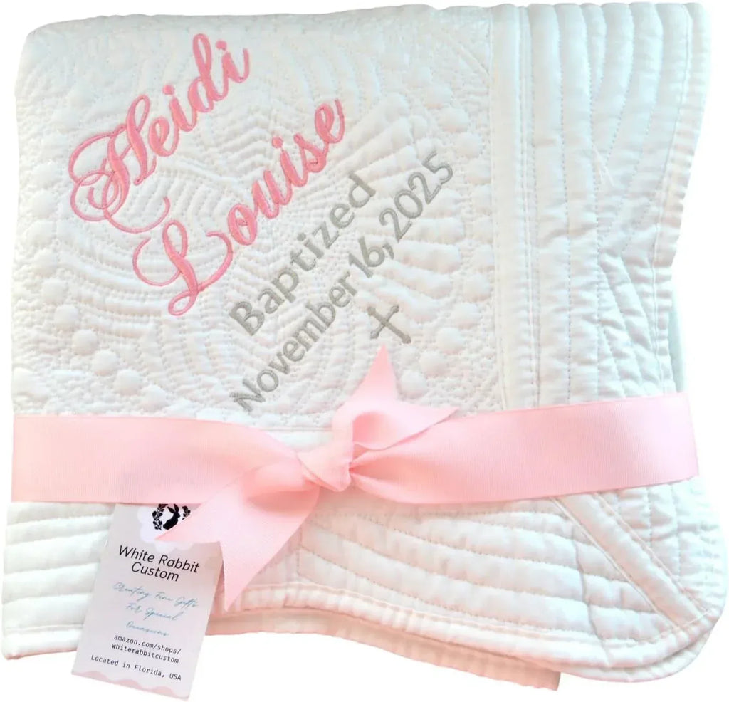 Personalized Baby Blanket Baptism Cotton Quilt Girl Boy Gift Embroidered Name Date Custom Monogrammed Grandparent Christian Gift Customized - Handmade Lifestyle Shop