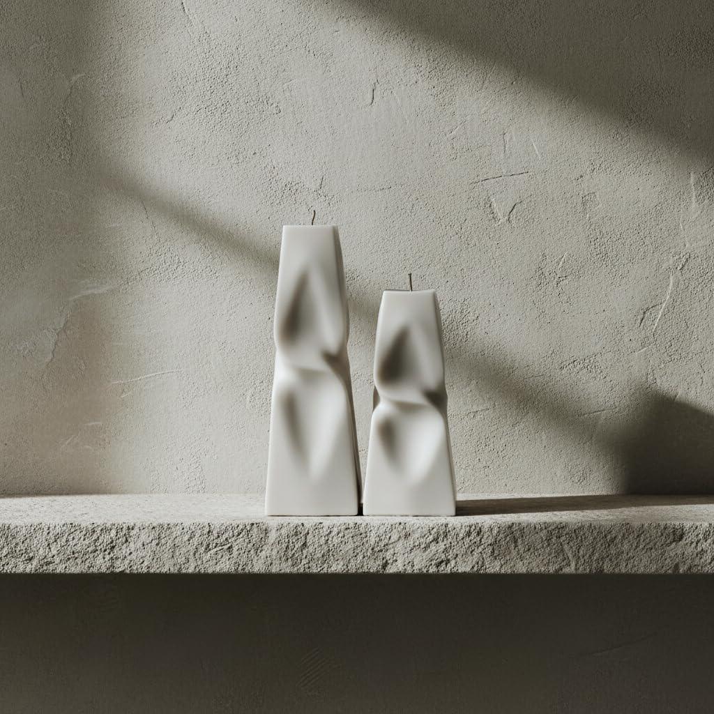 LAWA Twisted Pyramid Candle - Beautiful Handmade Pillar Soy Wax Elegant Aesthetic Candle Housewarming Gift Home Room Shelf Decor Idea (Set of 2) (White) - Handmade Lifestyle Shop