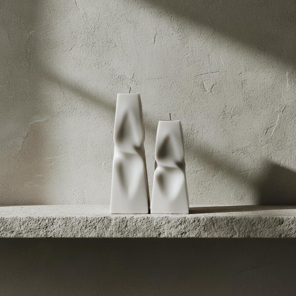 LAWA Twisted Pyramid Candle - Beautiful Handmade Pillar Soy Wax Elegant Aesthetic Candle Housewarming Gift Home Room Shelf Decor Idea (Set of 2) (White)
