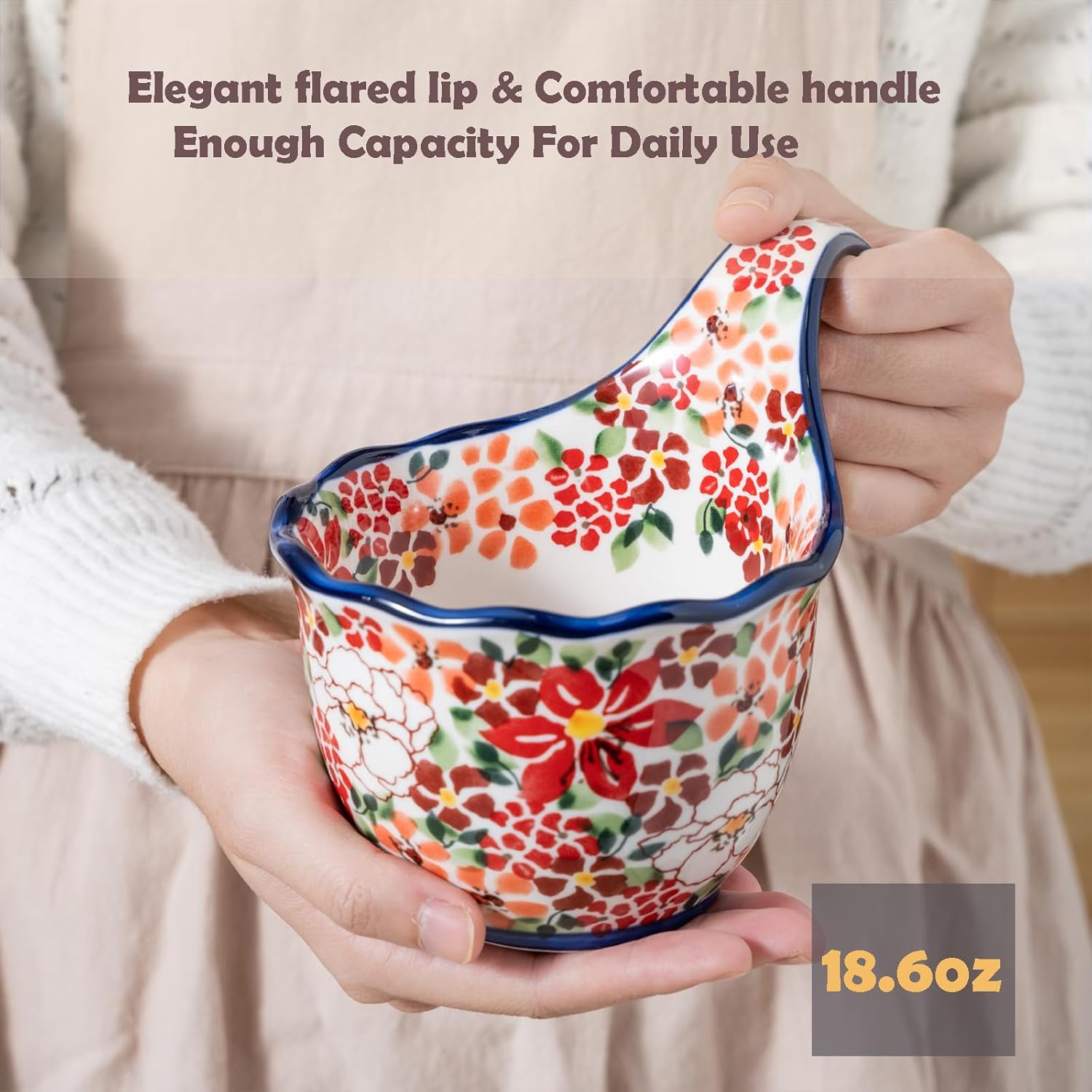 ALMA Handpainted Soup Bowl with Handle, 18.6oz Ceramic Cereal Bowl, Microwave &Dishwasher Safe,Loop Handle Bowl Great for Soup, Chili, Stew, Ice cream