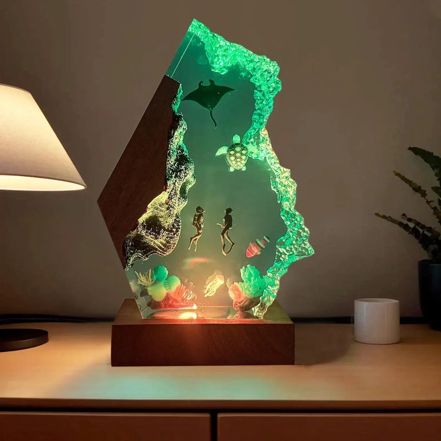 Handmade 3D Ocean Resin Lamp - USB Powered Resin Ocean Night Light with Wooden Base, Variable Lights, Scuba Diver Gifts, Diving Enthusiast Collectibles, Unique Birthday Holiday Gifts for Men & Women - Handmade Lifestyle Shop