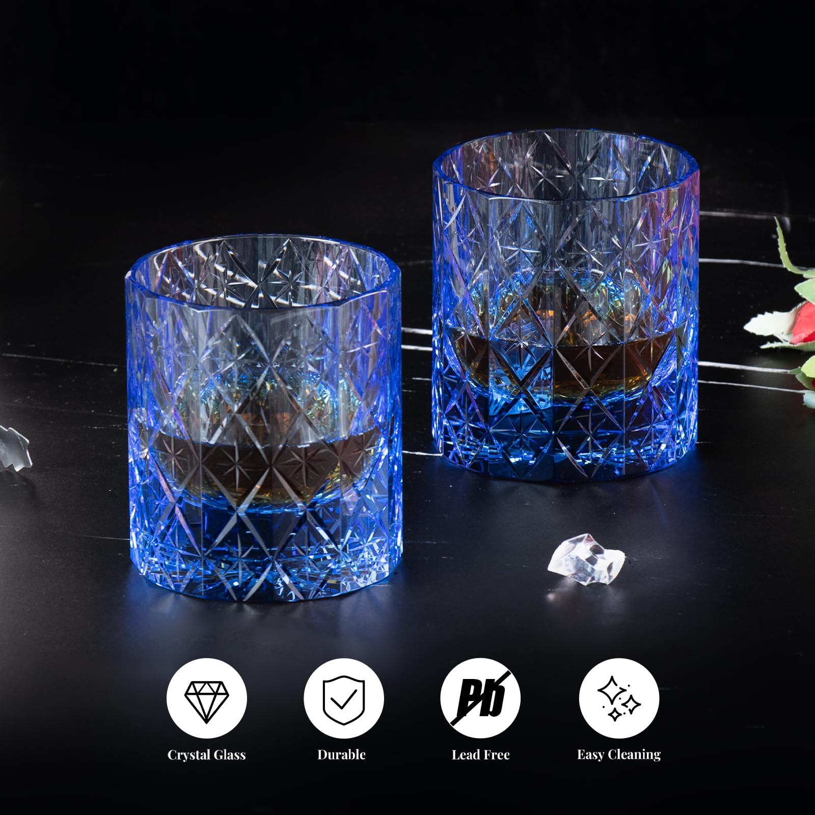 KAMMAK Crystal Whiskey Glasses Set of 2, Handcrafted 7.1oz Old Fashioned Glasses Stemless, Luxury Cocktail Glasses, Hand Blown Scotch Cup for Women, Men Gift for Rocks, Bourbon Barware, Bar