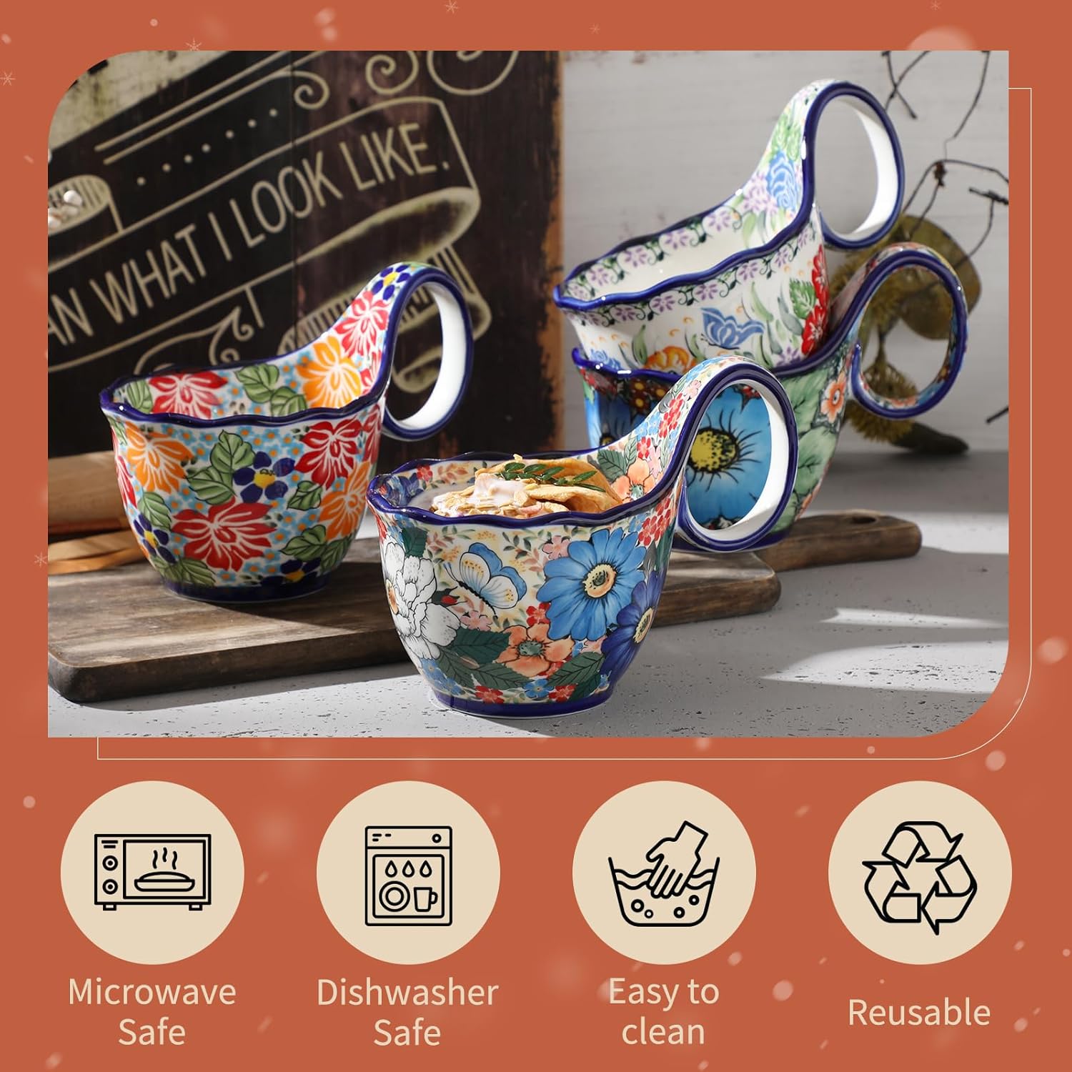 ALMA Handpainted Soup Bowl with Handle, 18.6oz Ceramic Cereal Bowl, Microwave &Dishwasher Safe,Loop Handle Bowl Great for Soup, Chili, Stew, Ice cream