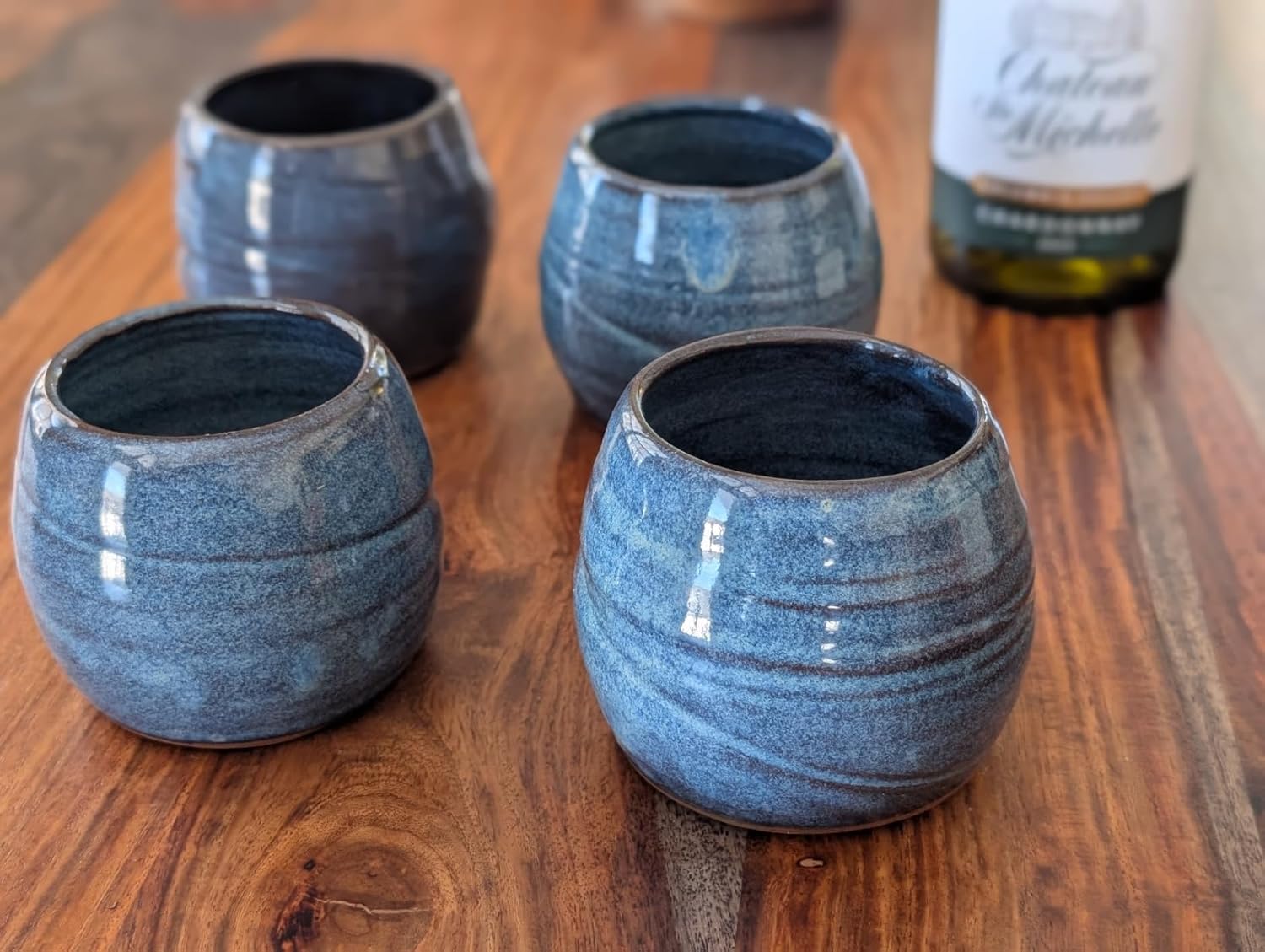 Hand Thrown Pottery Stemless Wine Glass in Slate Blue Handmade in North Carolina