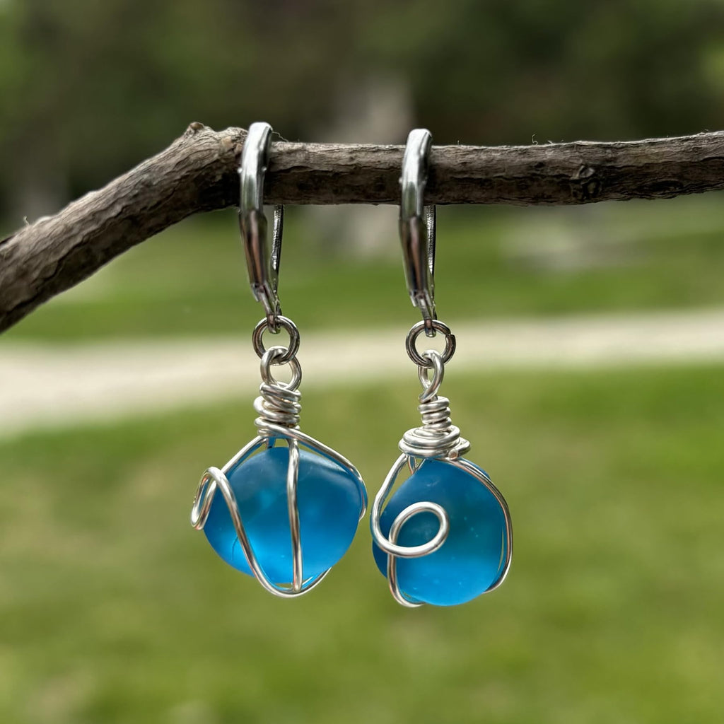 Handmade Sea Glass Wire Wrap Drop Earrings Jewelry ，Beach Earrings, Summer Gift, Ocean Jewelry Inspirational Gifts for Women, Mom, Sister