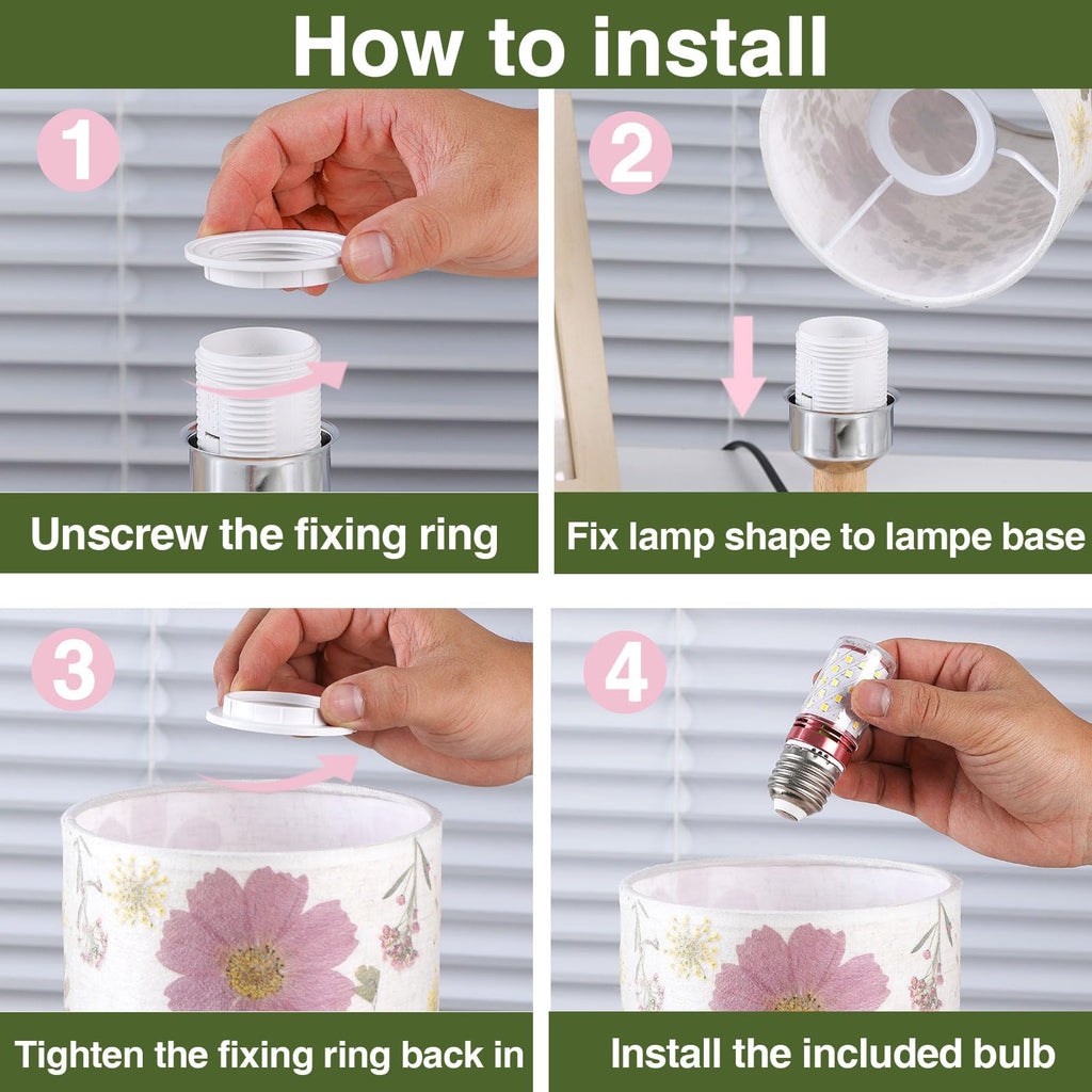 Dried Flowers Small Table Lamp 5W LED 3-Color Bedside Lamp Pressed Flowers Lampshade with Wood Base for Bedroom Living Room Desk Nursery