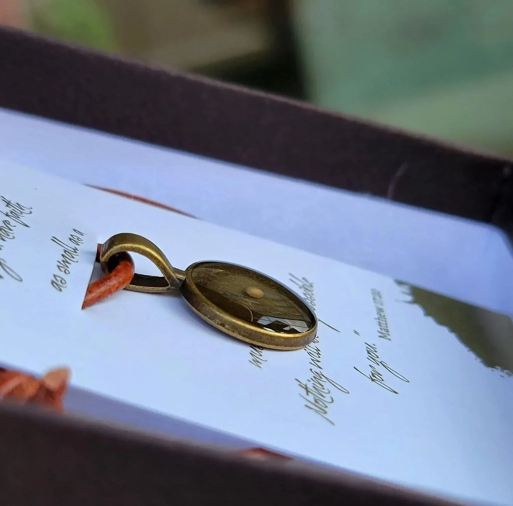 Mustard Seed Necklace for Men, Hand Made Rustic Adjustable Leather Necklace, Bronze and Resin, Faith and Inspiration - Handmade Lifestyle Shop