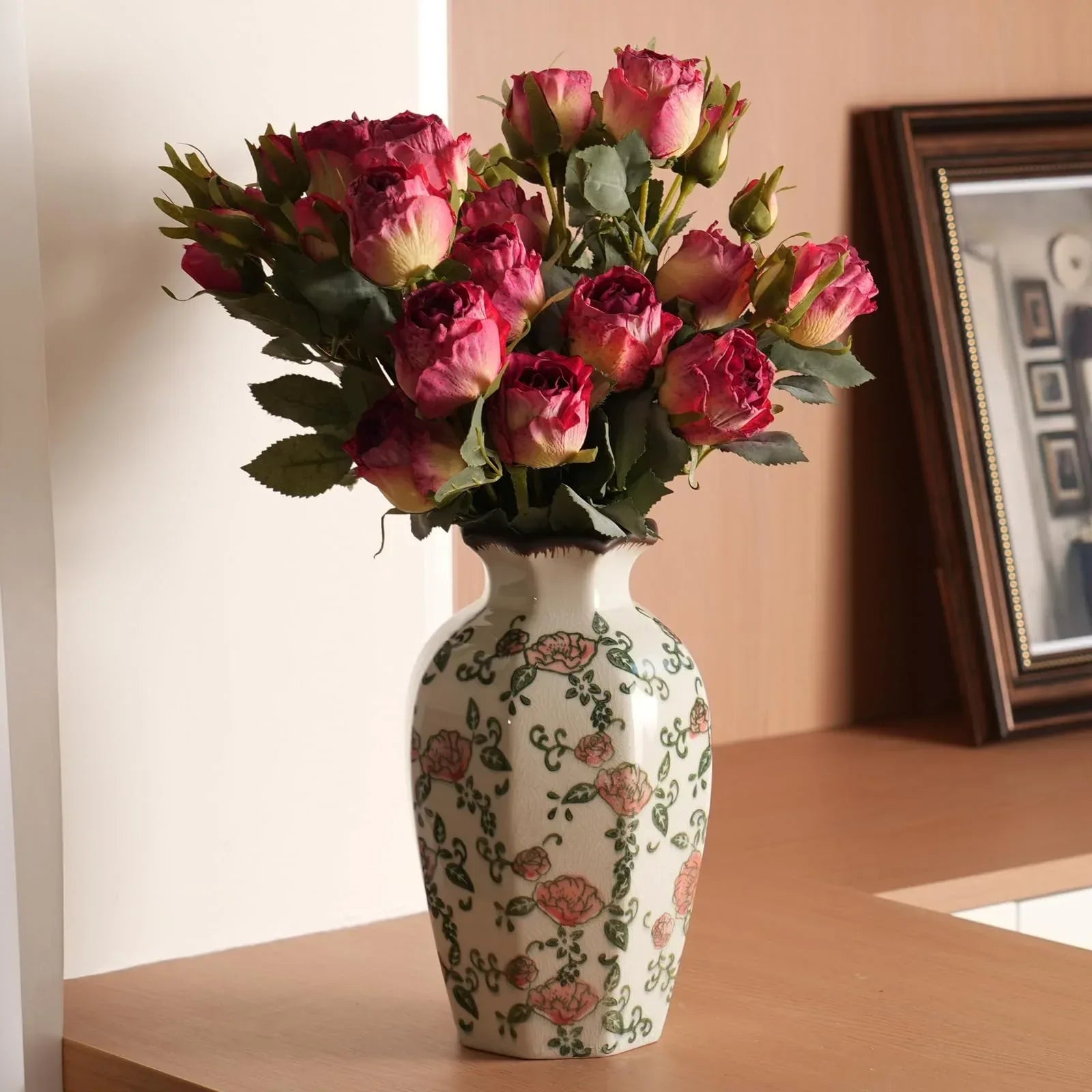 Vintage Ceramic Vase - 8.2 Inch Hand-Painted Roses with Ice Crackle Glaze Finish, American Farmhouse Style Pitcher Vase for Home Decor, Centerpiece, Shelf, Table, Office, Rustic Wedding Gift - Handmade Lifestyle Shop