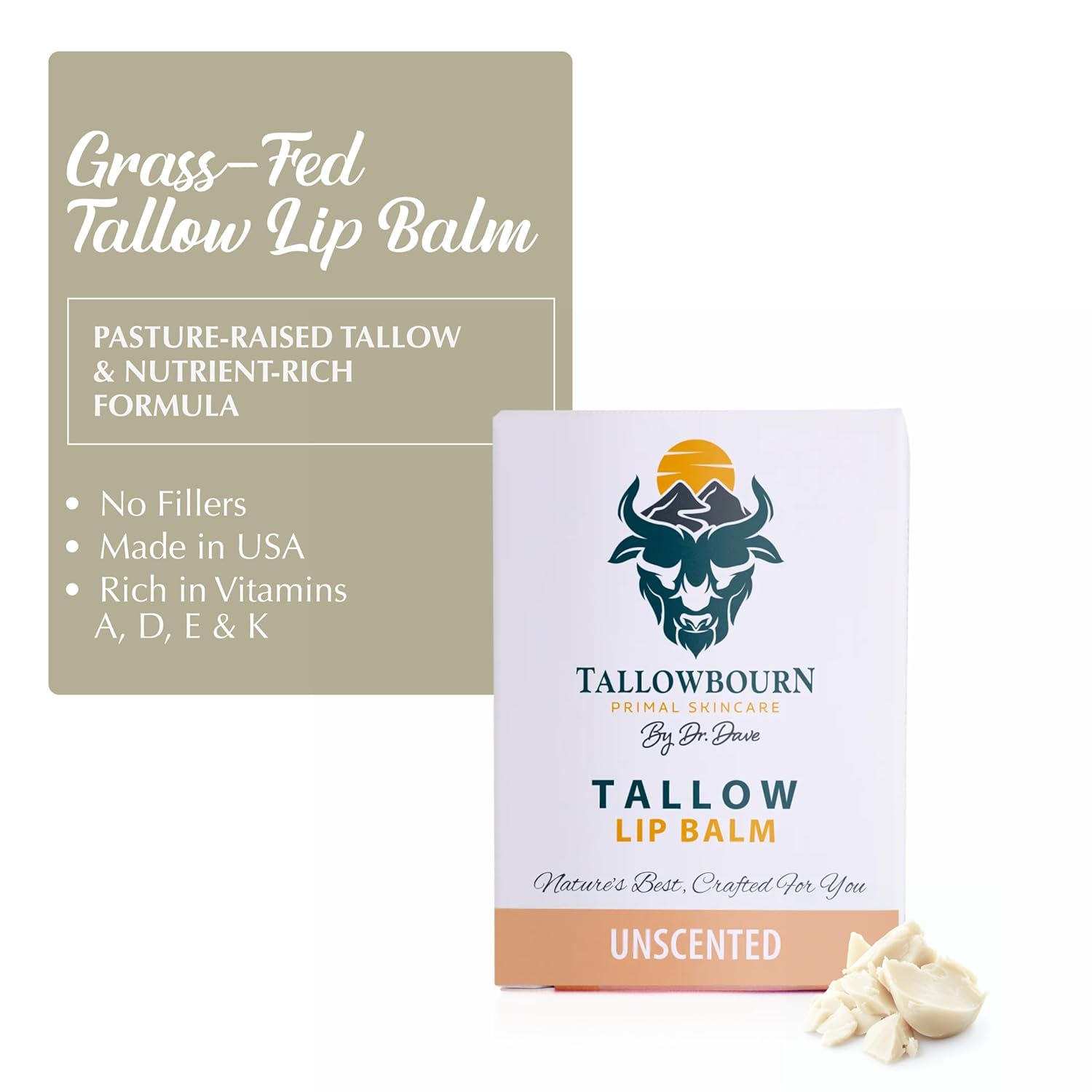 Moisturizing Tallow Lip Balm – Grass-Fed Beef Tallow with Organic Coconut Oil, Beeswax, and Vitamin E – Lip Balm Set – Variety Pack – Travel Essential – 3-Pack