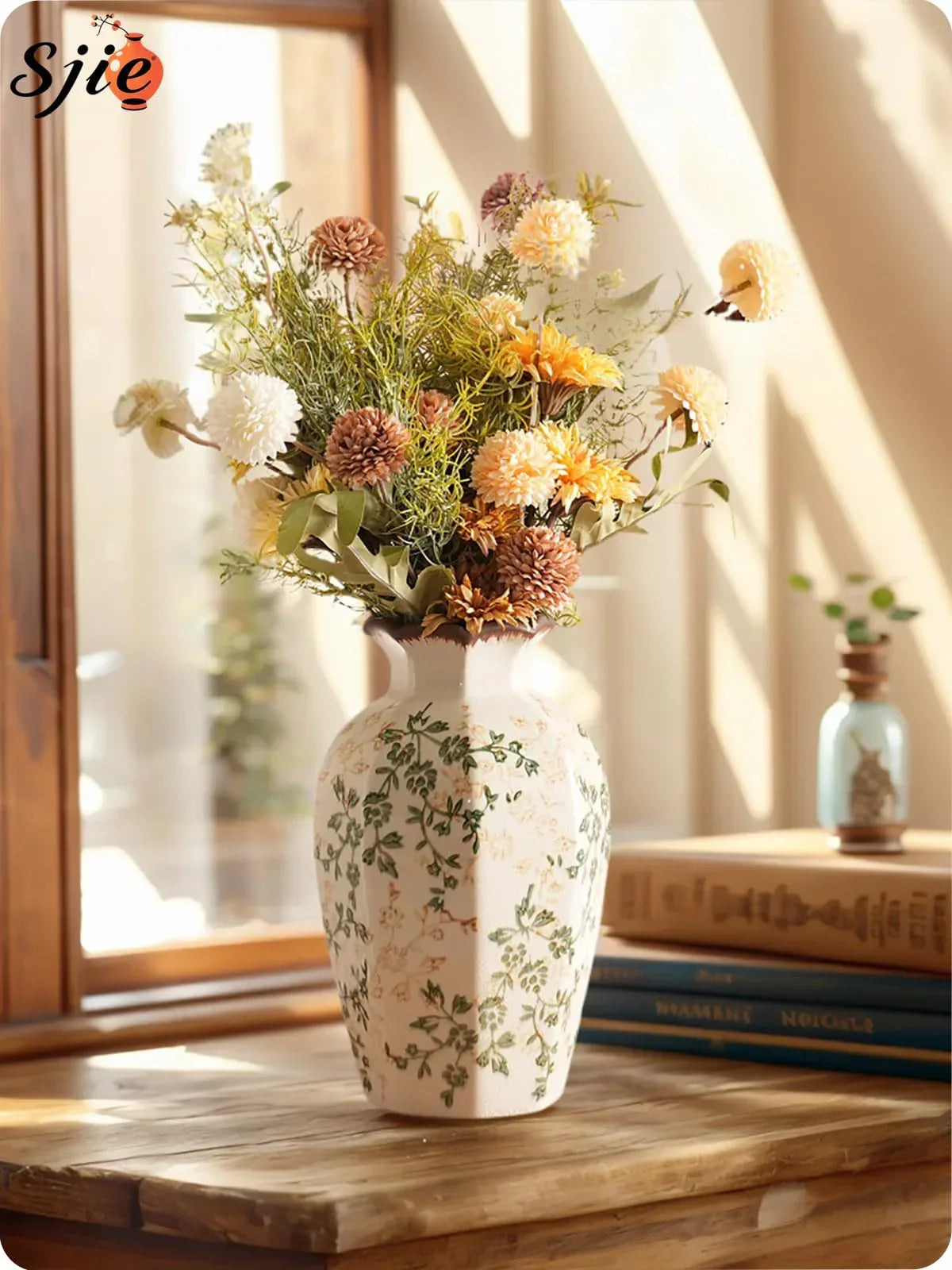 Vintage Ceramic Vase - 8.2 Inch Hand-Painted Roses with Ice Crackle Glaze Finish, American Farmhouse Style Pitcher Vase for Home Decor, Centerpiece, Shelf, Table, Office, Rustic Wedding Gift - Handmade Lifestyle Shop