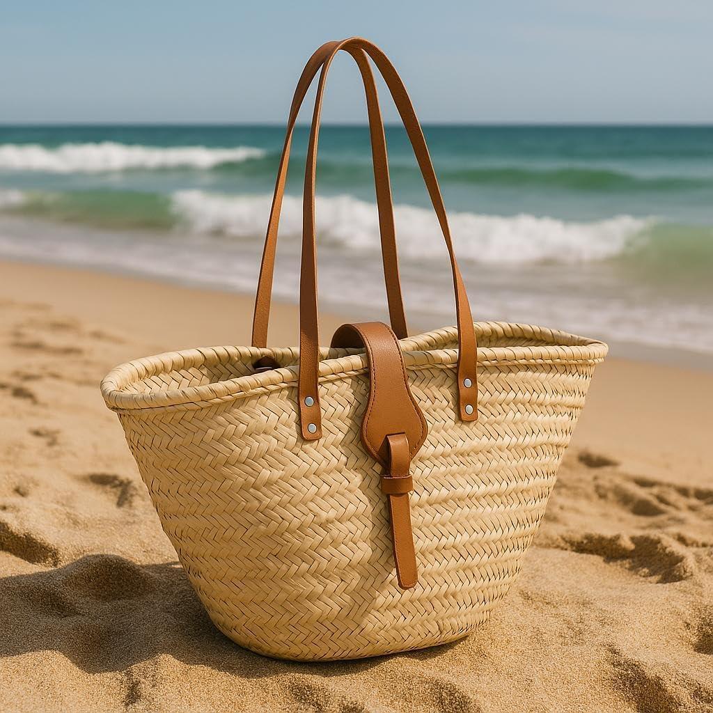 FRENCH BASKET Straw Beach Tote Bag with Leather Handles, Canvas Pouch & Zip Closure, Moroccan Market Basket for Summer - Handmade Lifestyle Shop
