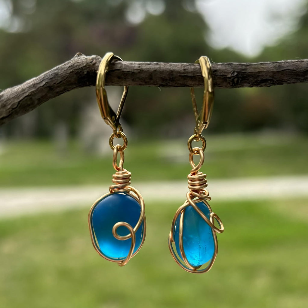 Handmade Sea Glass Wire Wrap Drop Earrings Jewelry ，Beach Earrings, Summer Gift, Ocean Jewelry Inspirational Gifts for Women, Mom, Sister