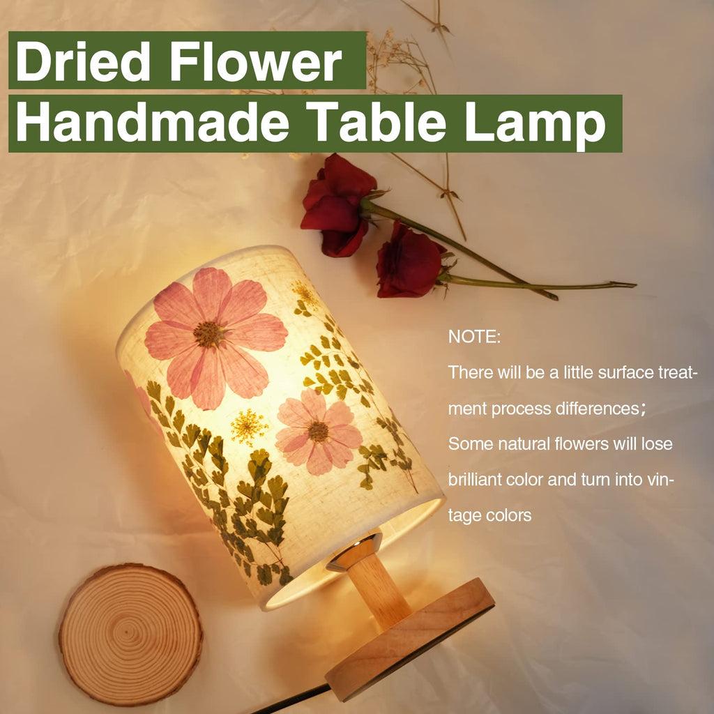 Dried Flowers Small Table Lamp 5W LED 3-Color Bedside Lamp Pressed Flowers Lampshade with Wood Base for Bedroom Living Room Desk Nursery