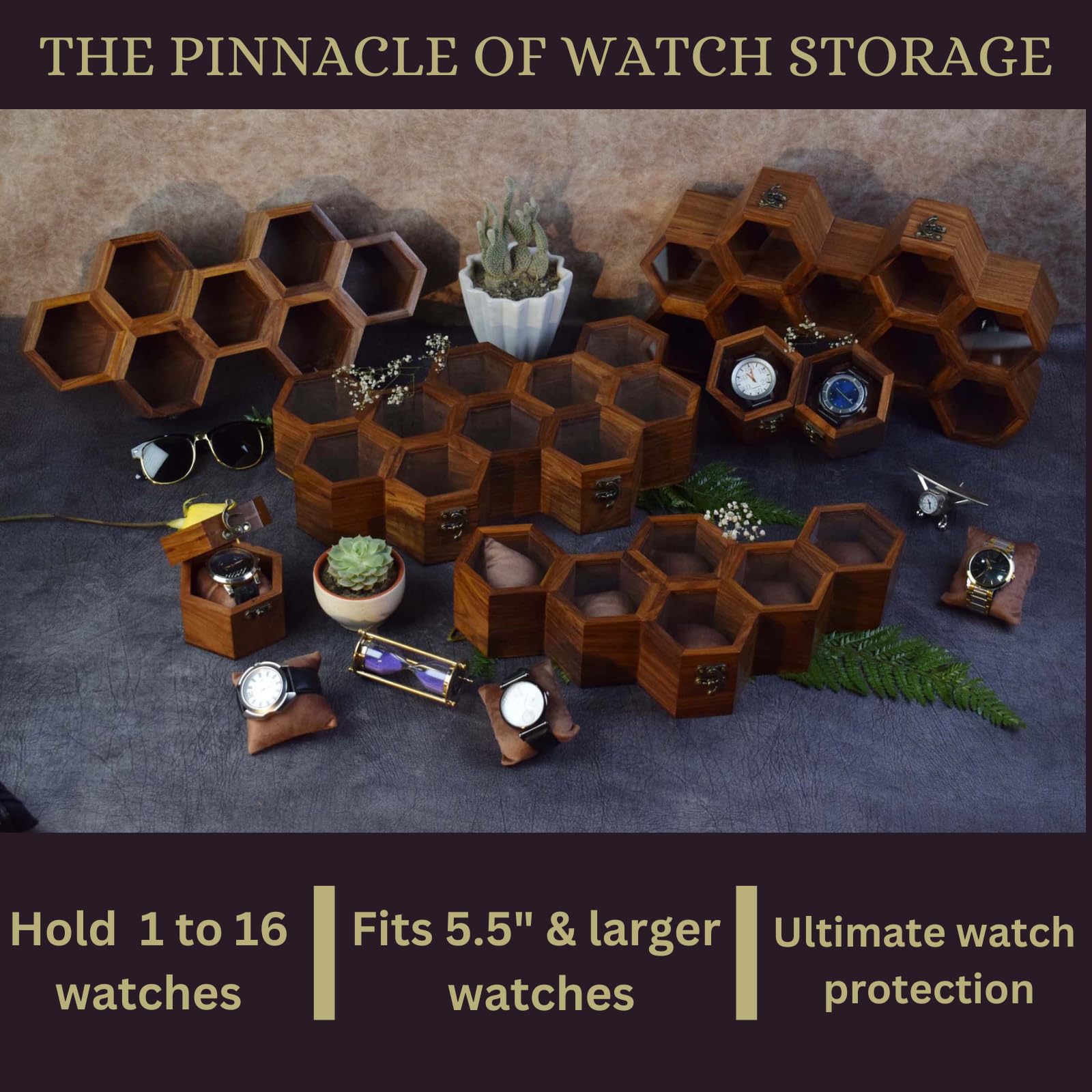 Premium 7-Slot Wooden Timepiece Display Case – Handcrafted Honeycomb Watch Box for Men in Superior Indian Rosewood | Hinged Glass Cover – Father’s Day Gift – Luxury Built to Last