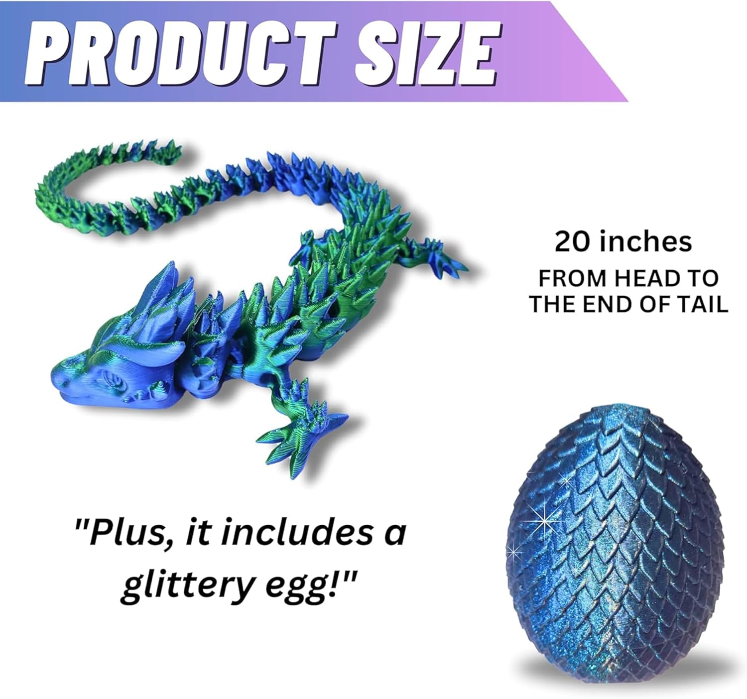 20" Articulated 3D Printed Dragon – Color-Changing Fidget Figurine, Mythical Figure, Made in USA, 3D Printed Toys - Valentines Day Gift for Boys and Girls (Rainbow with Blue Egg)