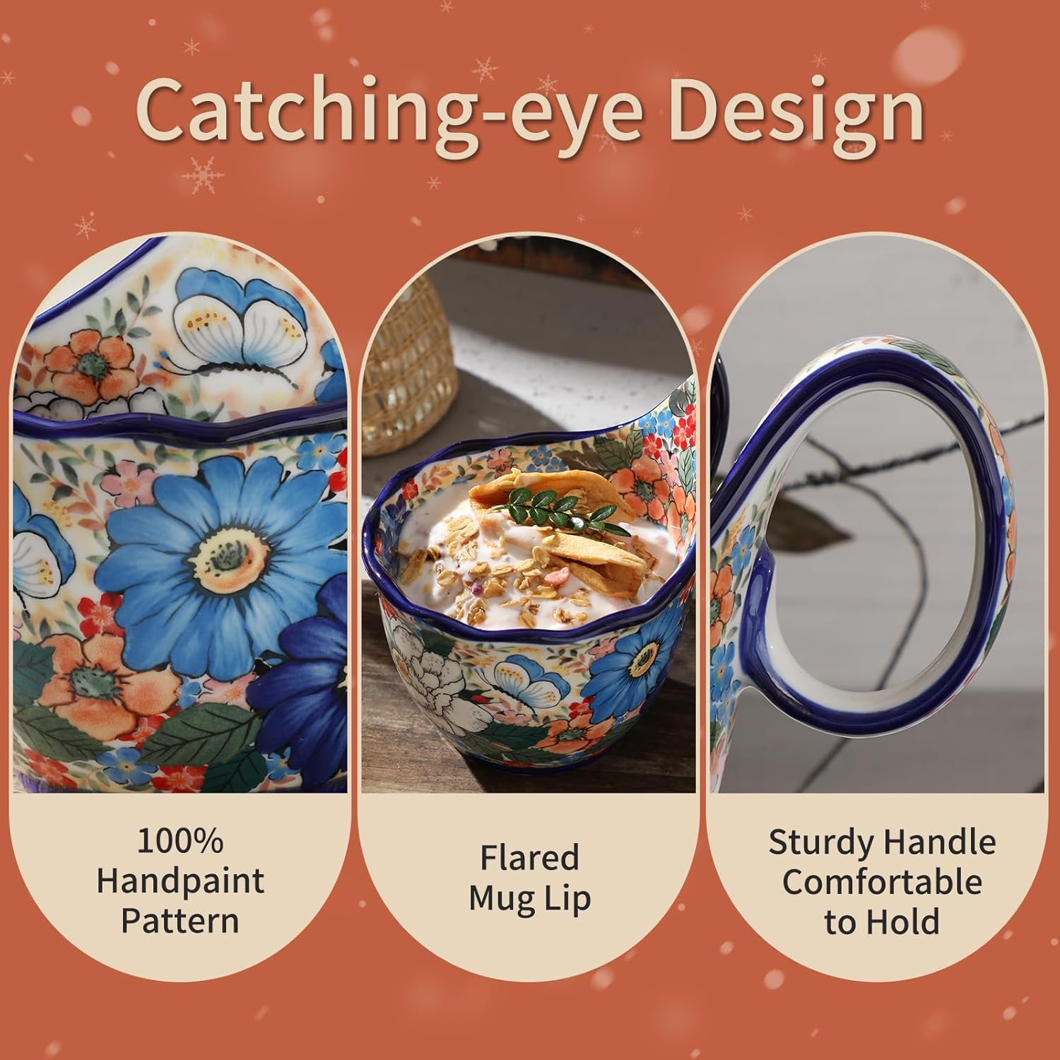 ALMA Handpainted Soup Bowl with Handle, 18.6oz Ceramic Cereal Bowl, Microwave &Dishwasher Safe,Loop Handle Bowl Great for Soup, Chili, Stew, Ice cream