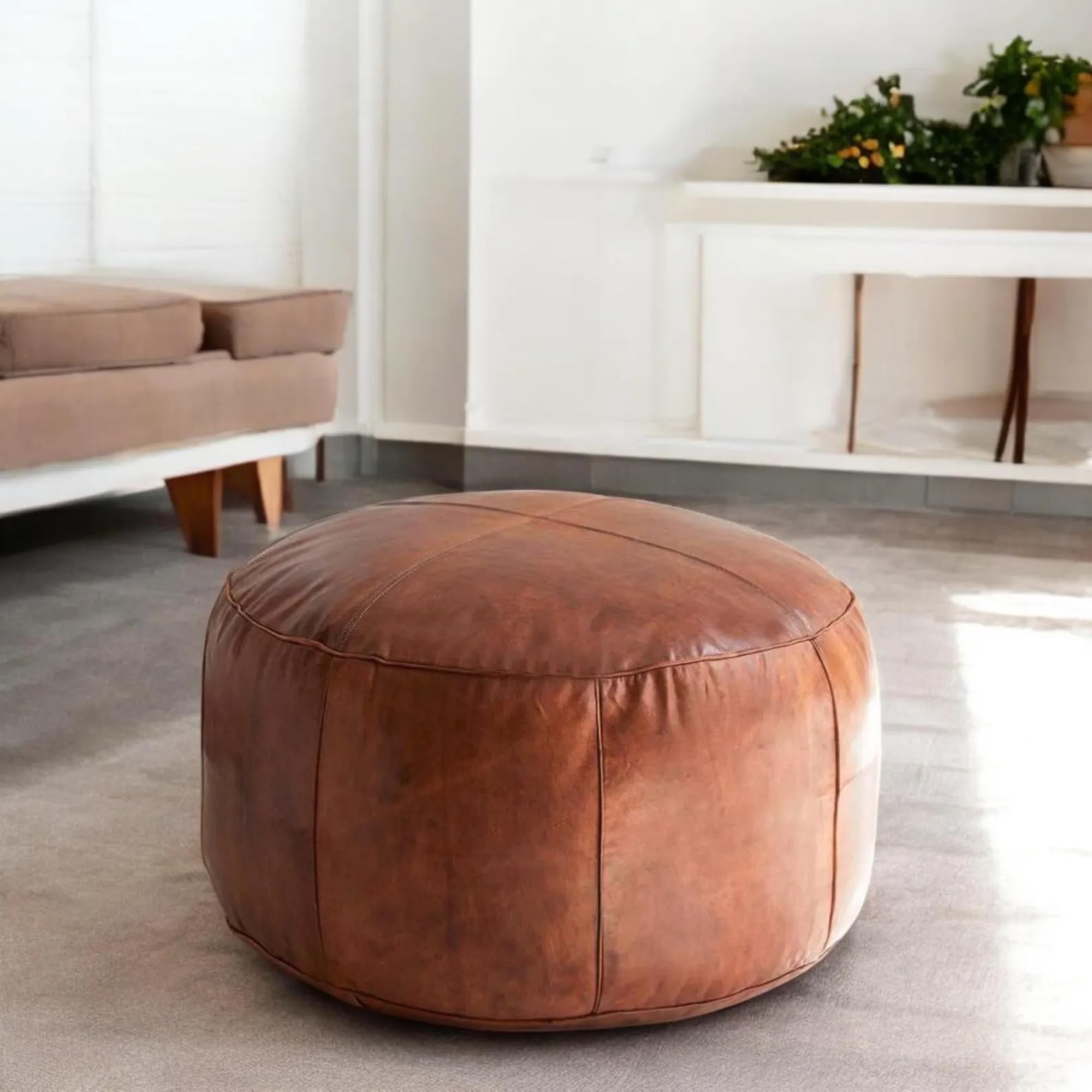 Handmade Moroccan Round Leather Pouf – Delivered Unstuffed – Ottoman, Footstool, Footrest, Hassock, Floor Cushion – Versatile Artisan Accent (Tan, 12"×12"×12" in)