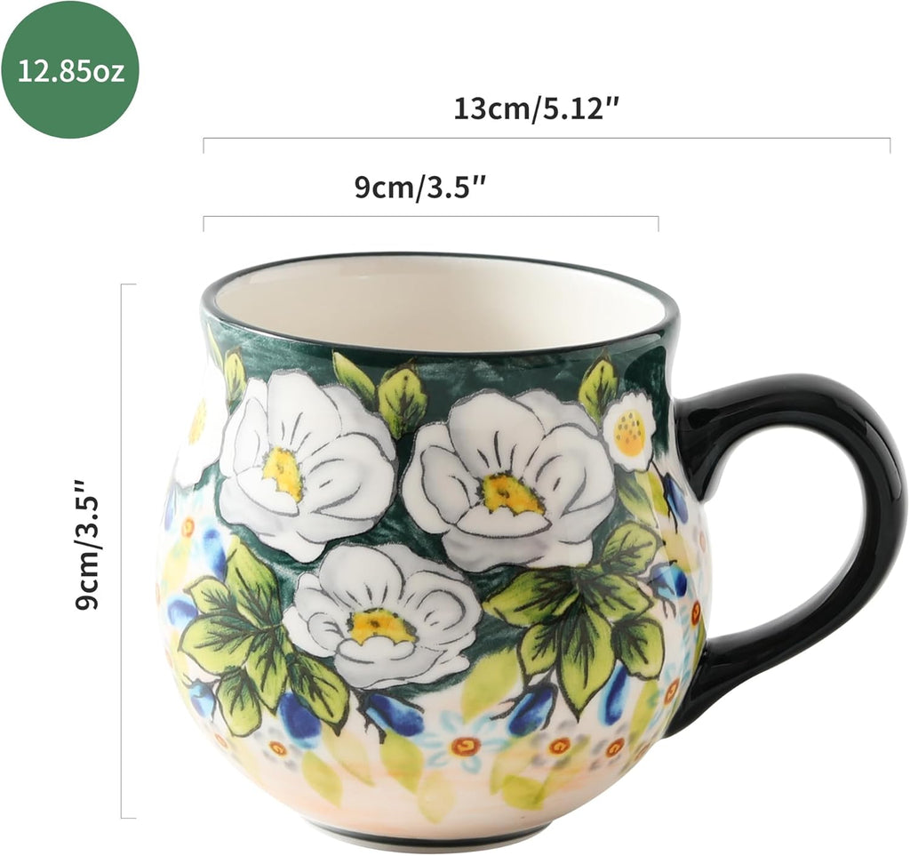 ALMA 12oz Handpainted Microwave Safe Coffee Mug, Unique Ceramic Tea Mug For Girl Friend,Mother, Woman(Assorted Flowers,Medium)
