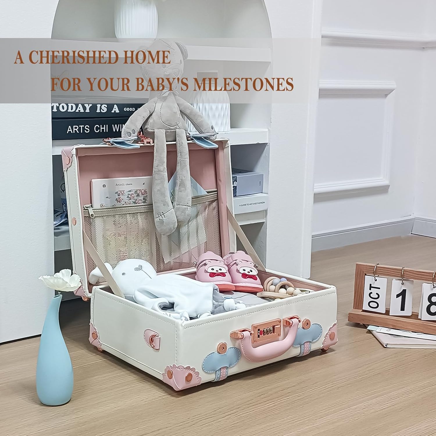 Unitravel Baby Keepsake Case, Handmade Memory Storage Box, Newborn Keepsake Box, Vintage Suitcase for Baby Shower, Baptism, Naming Ceremony or Birthday