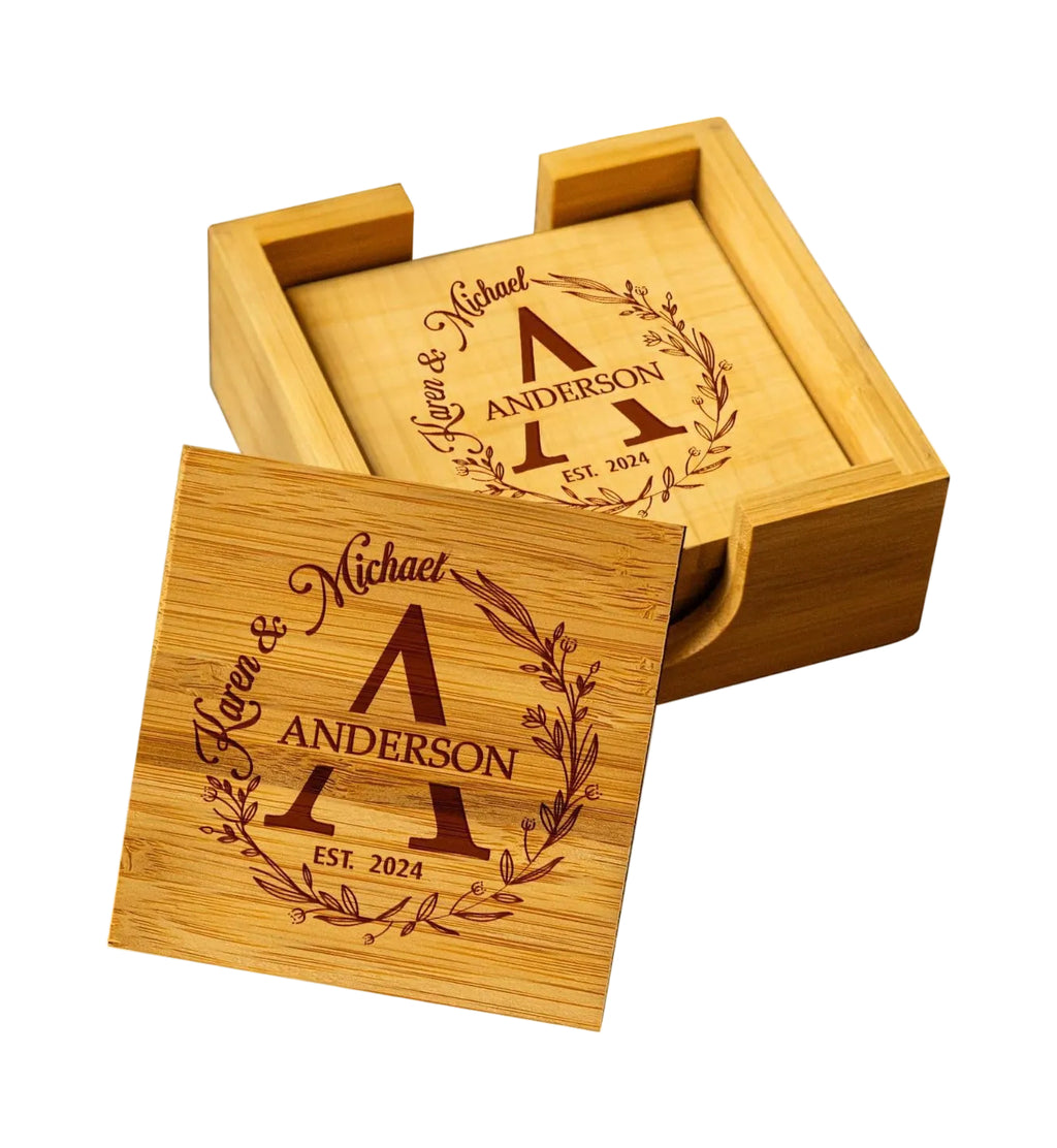 Silveroy Custom Coaster Set of 6 with Holder - Personalized Bamboo Bar Coasters for Anniversary, Wedding, Ideas to Couples, Newlyweds - Handmade Lifestyle Shop