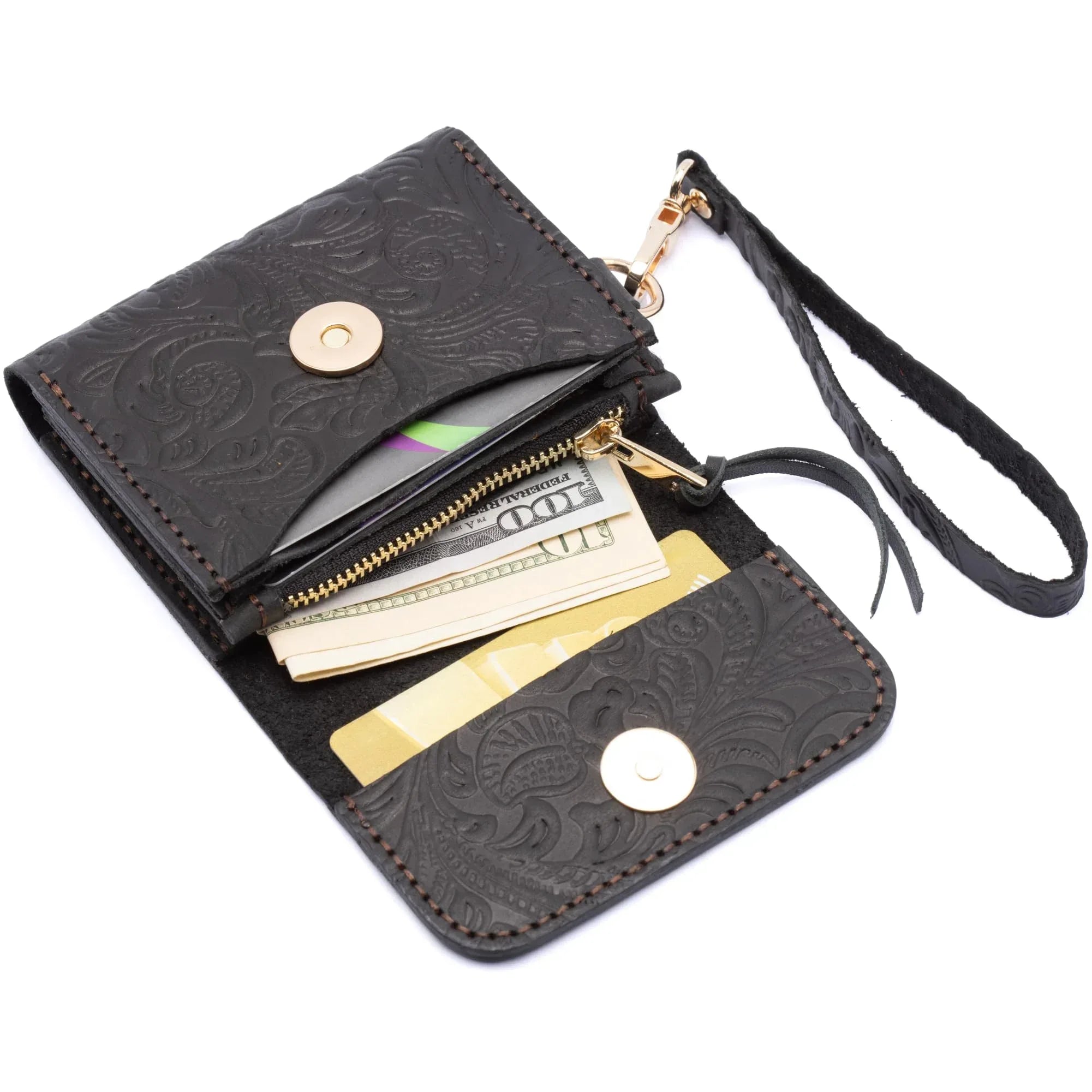 Toros Craft Handmade Wristlet Wallets for Women, Western Floral Leather Small Credit Card Holder with Zipper, Minimalist & Cute Coin Pouch, Genuine Leather, Dark Brown - Handmade Lifestyle Shop