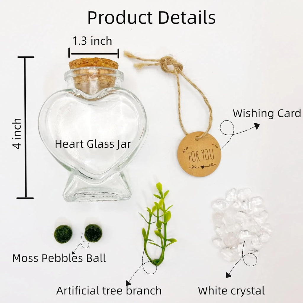 Moss Pebbles Balls Heart Glass Terrarium Kit with 2Pcs Small Moss Balls, Lucky White Crystal, Artificial Plant for Tabletop Decoration