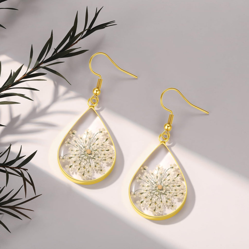 Forget-Me-Not and Queen Anne's Lace Pressed Wildflower Earrings | Pressed Flower Earrings | Handmade Drop and Dangle Earrings | Gift for Woman