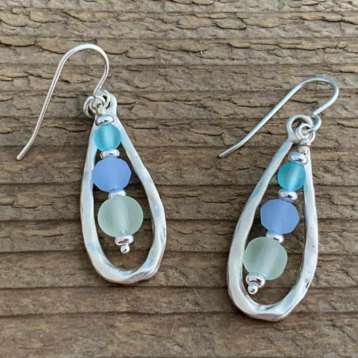 Ocean Breeze Antique Open Teardrop Dangle Earrings Sterling Silver Earwires Cultured Sea Glass Beads Frosted Soft Pastel Colors Blue Green Aqua Graduated Beading Boho Beach Jewelry for Women - Handmade Lifestyle Shop