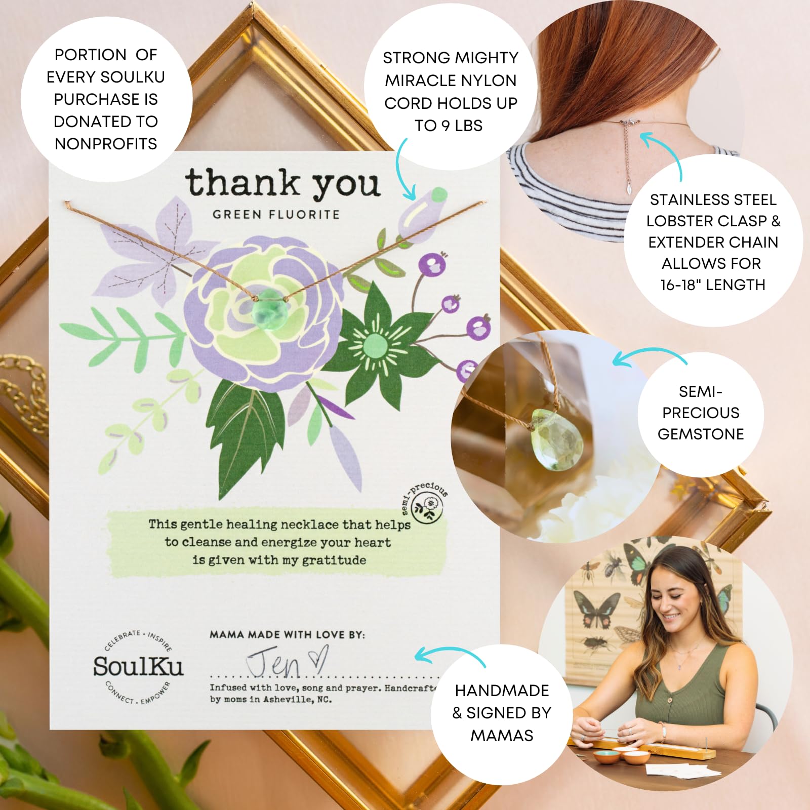 SoulKu Handcrafted Necklace, Empowerment Jewelry With Healing Crystal, Inspirational Jewelry For Women, Mom & Sister Gifts, 2" Extender With Lobster Clasp, 16" Nylon Cord