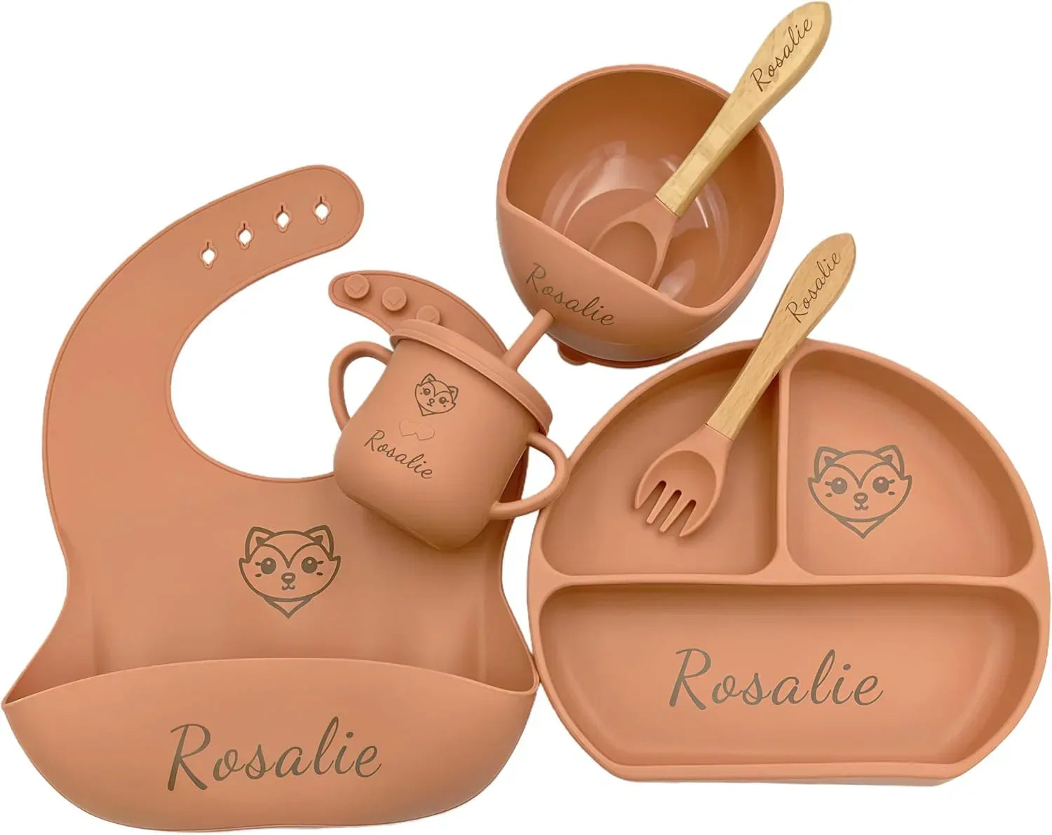 Personalized Name Food Grade 6pcs Baby Feeding Set with Spoon, Fork,Silicone Suction Bowls,Cup,Plate,and bib BPA Free - First Stage Self Feed (Color Muted Deep Pink Y19) - Handmade Lifestyle Shop