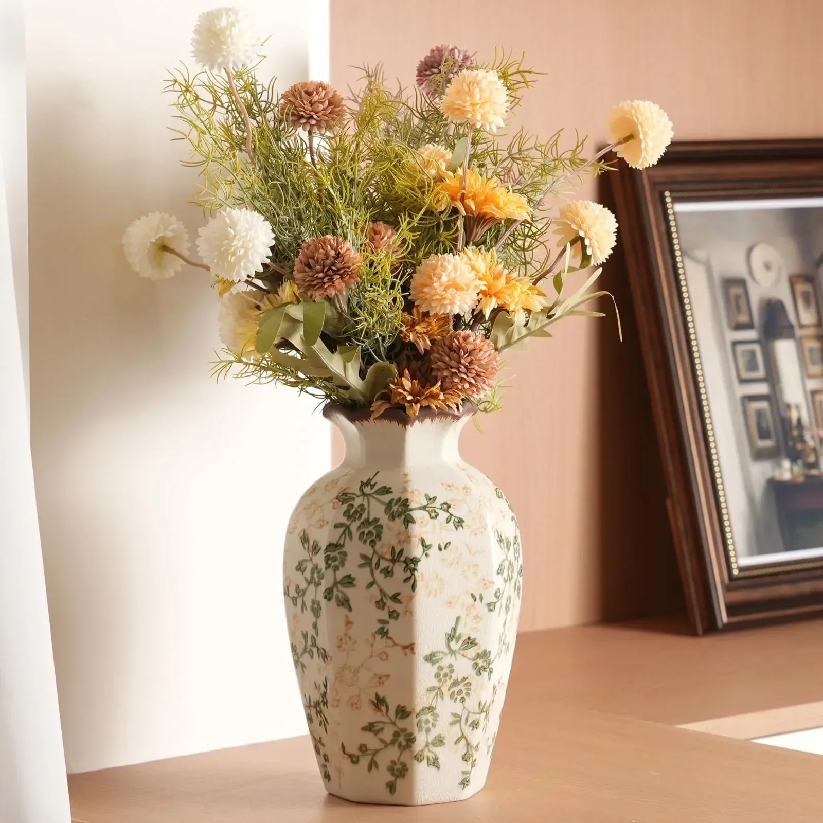 Vintage Ceramic Vase - 8.2 Inch Hand-Painted Roses with Ice Crackle Glaze Finish, American Farmhouse Style Pitcher Vase for Home Decor, Centerpiece, Shelf, Table, Office, Rustic Wedding Gift - Handmade Lifestyle Shop