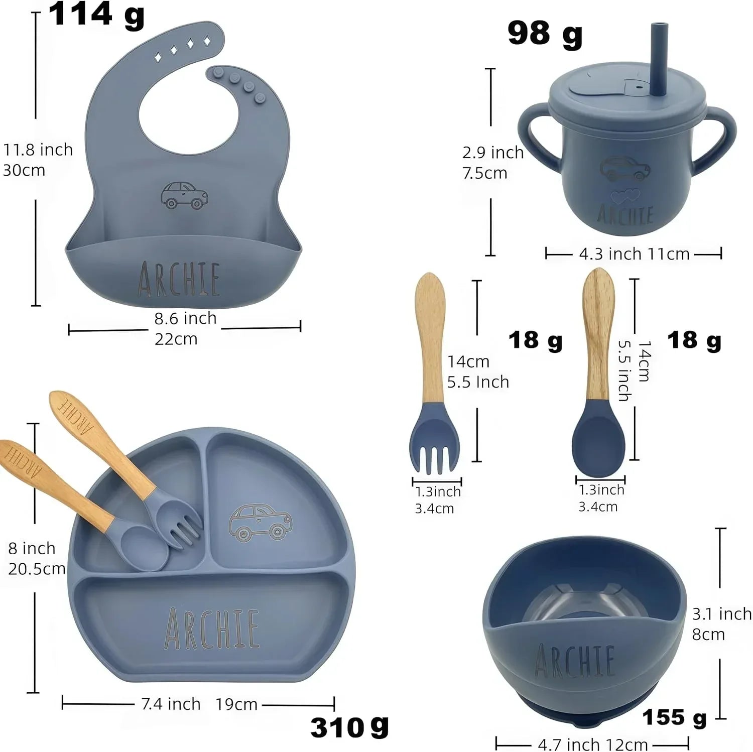 Personalized Name Food Grade 6pcs Baby Feeding Set with Spoon, Fork,Silicone Suction Bowls,Cup,Plate,and bib BPA Free - First Stage Self Feed (Color Muted Deep Pink Y19) - Handmade Lifestyle Shop