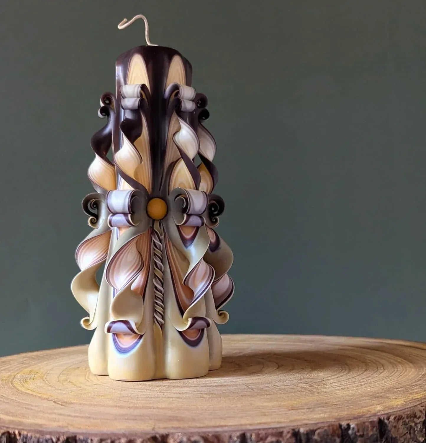 Beige Brown Hand Carved Pillar Candle 8.27" – Decorative Handmade Candle for Coffee Table, Fireplace Mantel or Living Room – Eco Friendly Long Burning Gift by NerotCandles - Handmade Lifestyle Shop