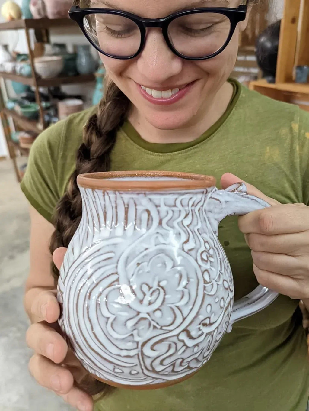 Huge Hand Thrown Pottery Mug Carved in Rooted Shale Handmade in Burnsville North Carolina - Handmade Lifestyle Shop