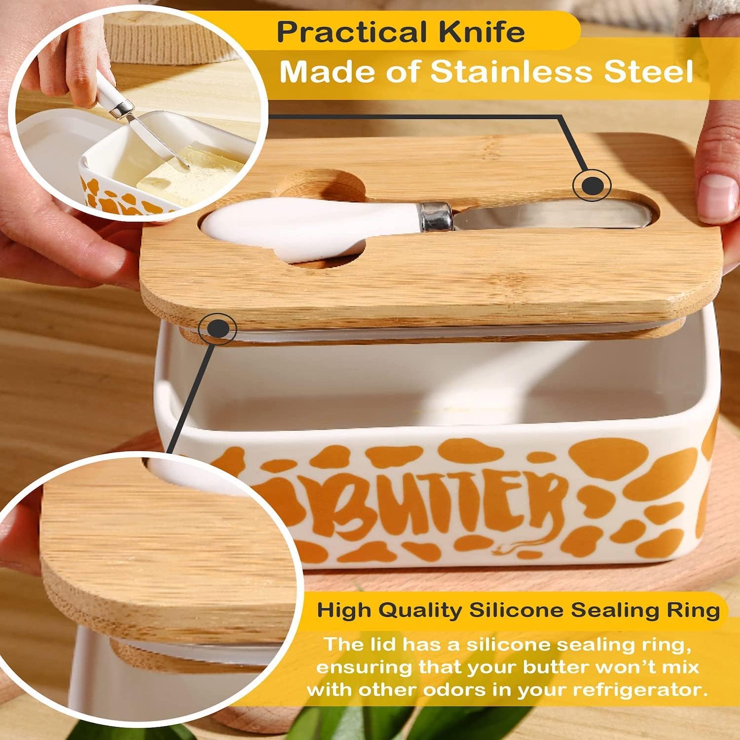 Butter Dish with Lid, Butter Dish with Lid for Countertop, White Butter Keeper Holds Up to 2 Sticks - Butter Holder and Container (Black butter me up, Large)