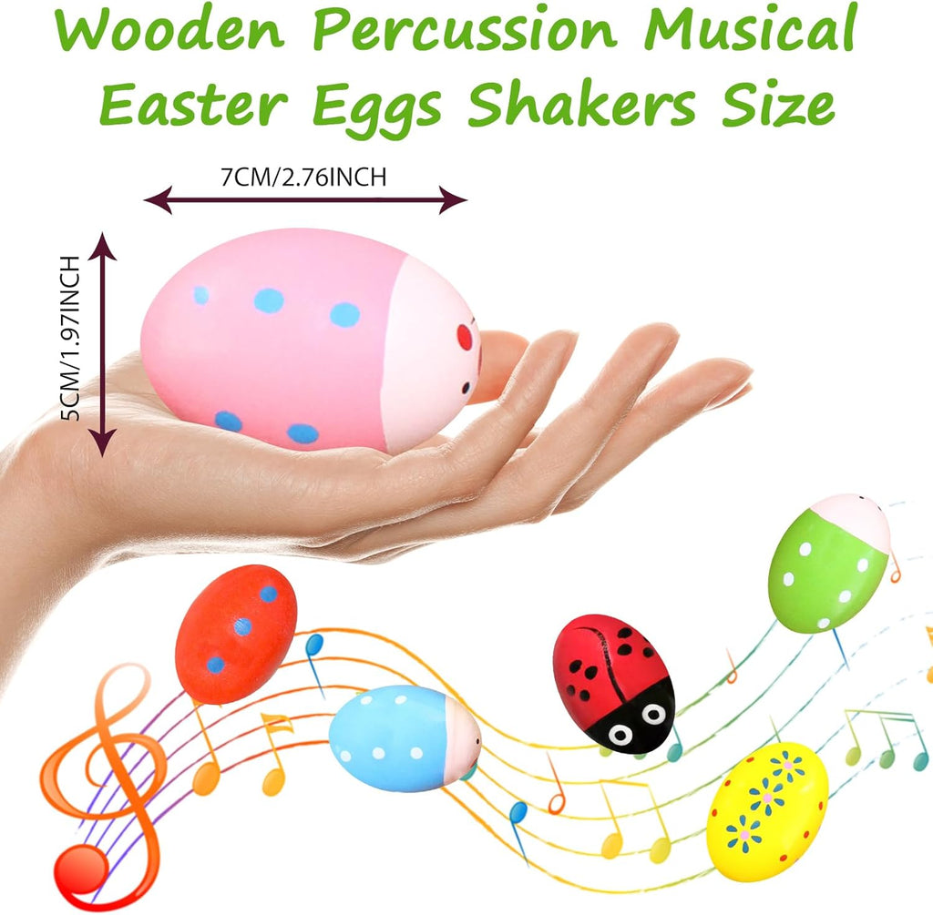 6 Pack Wooden Percussion Musical Easter Eggs Shakers - Colorful Hand-Painted Instruments for Kids, Ideal for Christmas Stocking Stuffers, Birthday Gifts, Easter Day Party Favors, and Spring Crafts
