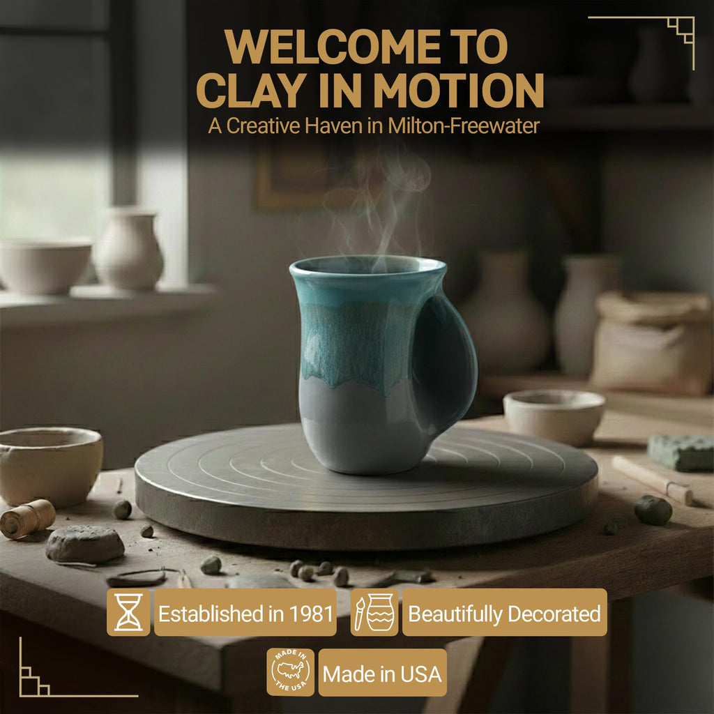 Clay in Motion Hand Warmer Coffee Mug – Handmade Coffee Mug With Comfortable Handle Contoured Pocket Hand Warming Ceramic Coffee Mug – Proudly Made in USA – Right Handed – 14 Oz - Island Oasis