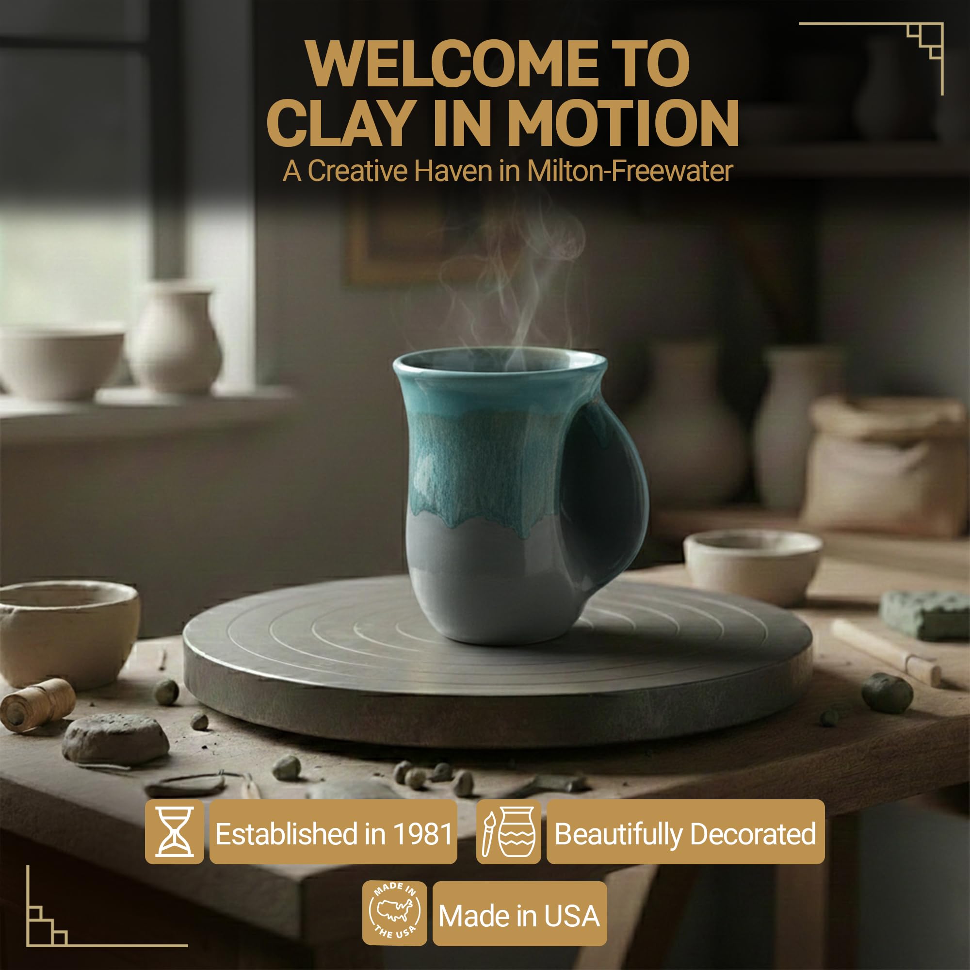 Clay in Motion Hand Warmer Coffee Mug – Handmade Coffee Mug With Comfortable Handle Contoured Pocket Hand Warming Ceramic Coffee Mug – Proudly Made in USA – Right Handed – 14 Oz - Island Oasis