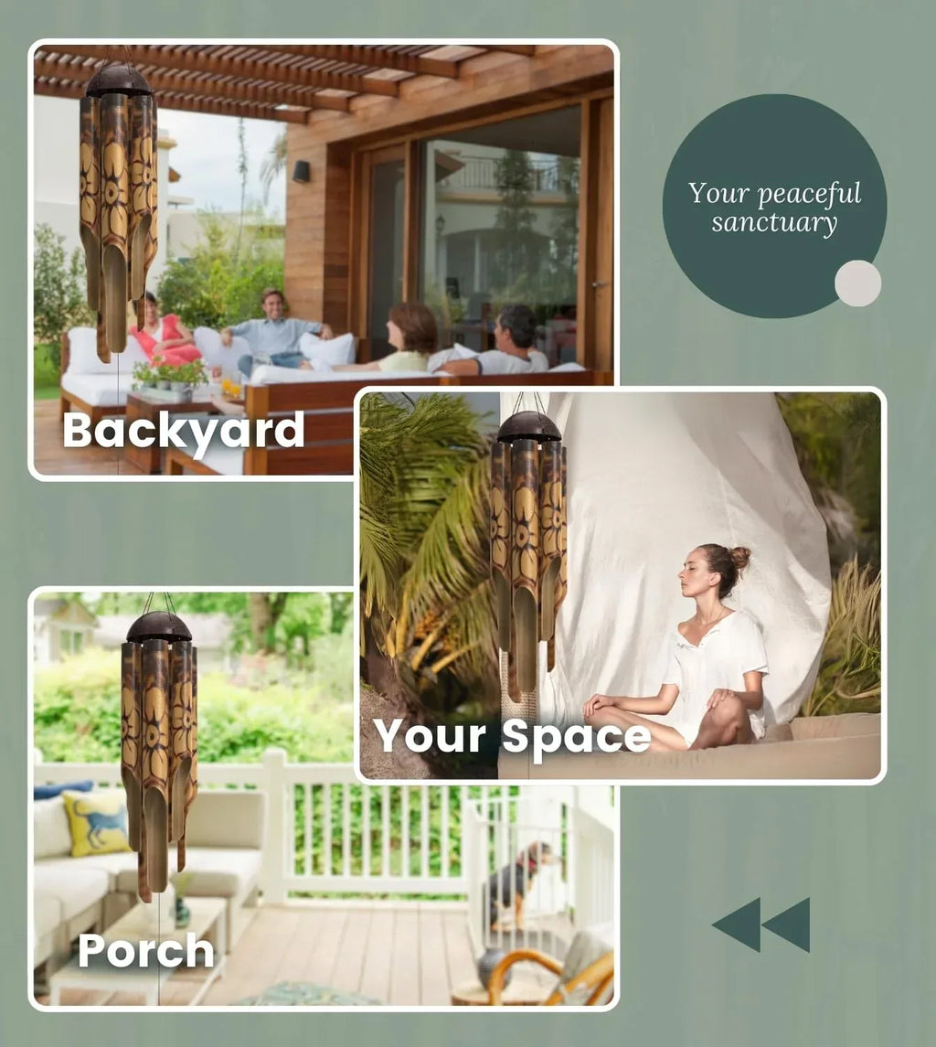 Rustic Bamboo Wind Chimes - Outside Outdoor Wooden Windchimes, Medium, Floral Burned Design with Coconut Crown, Handcrafted with Calming Deep Tones, Home Decor Ideal Gift for Him & Her - Handmade Lifestyle Shop