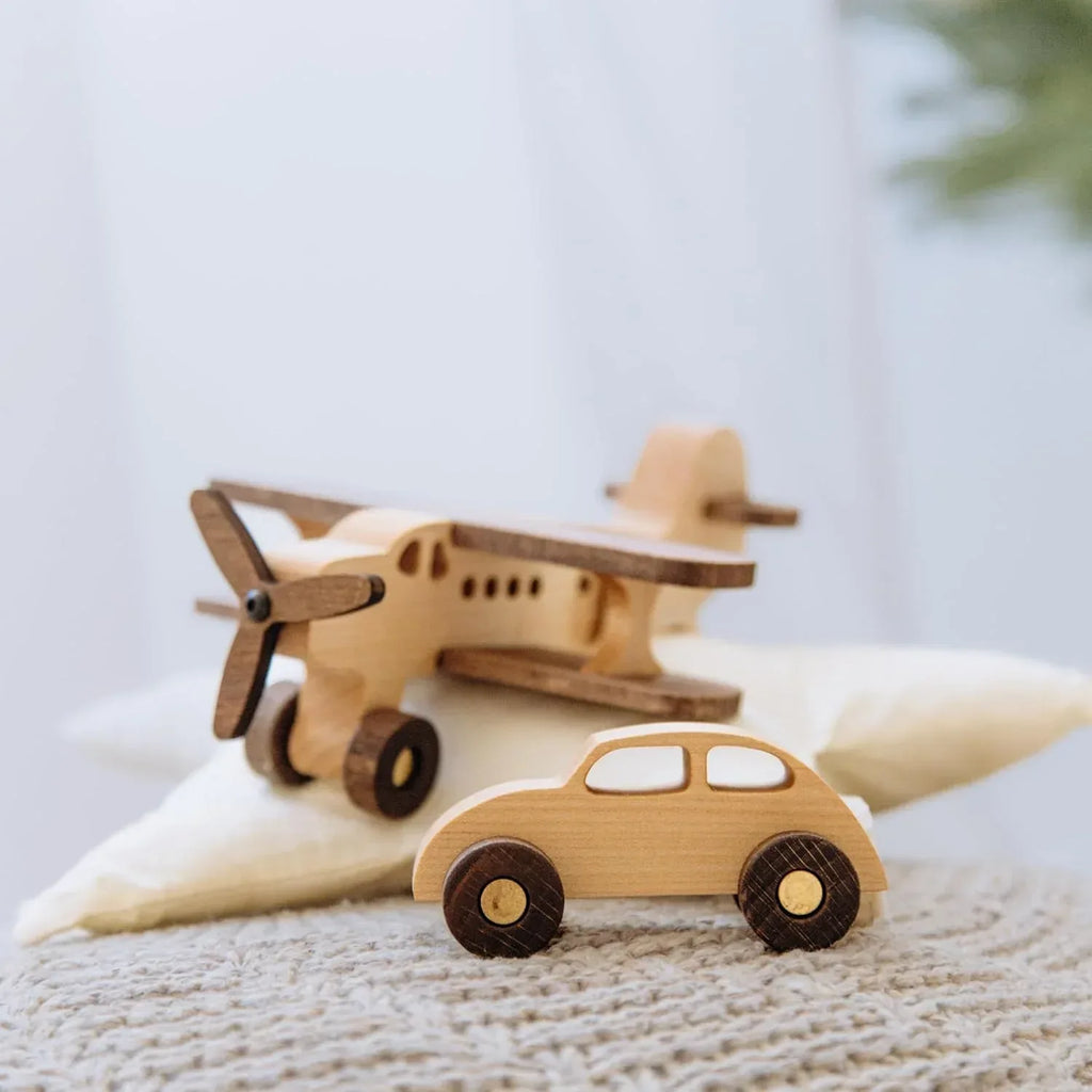 Busy Puzzle Montessori Wooden Airplane and Car Set – Handcrafted Natural Wood Push Toys for Toddlers, Montessori-Inspired, Imaginative Travel Play Set, Natural Solid Wood Toddler Toys - Handmade Lifestyle Shop